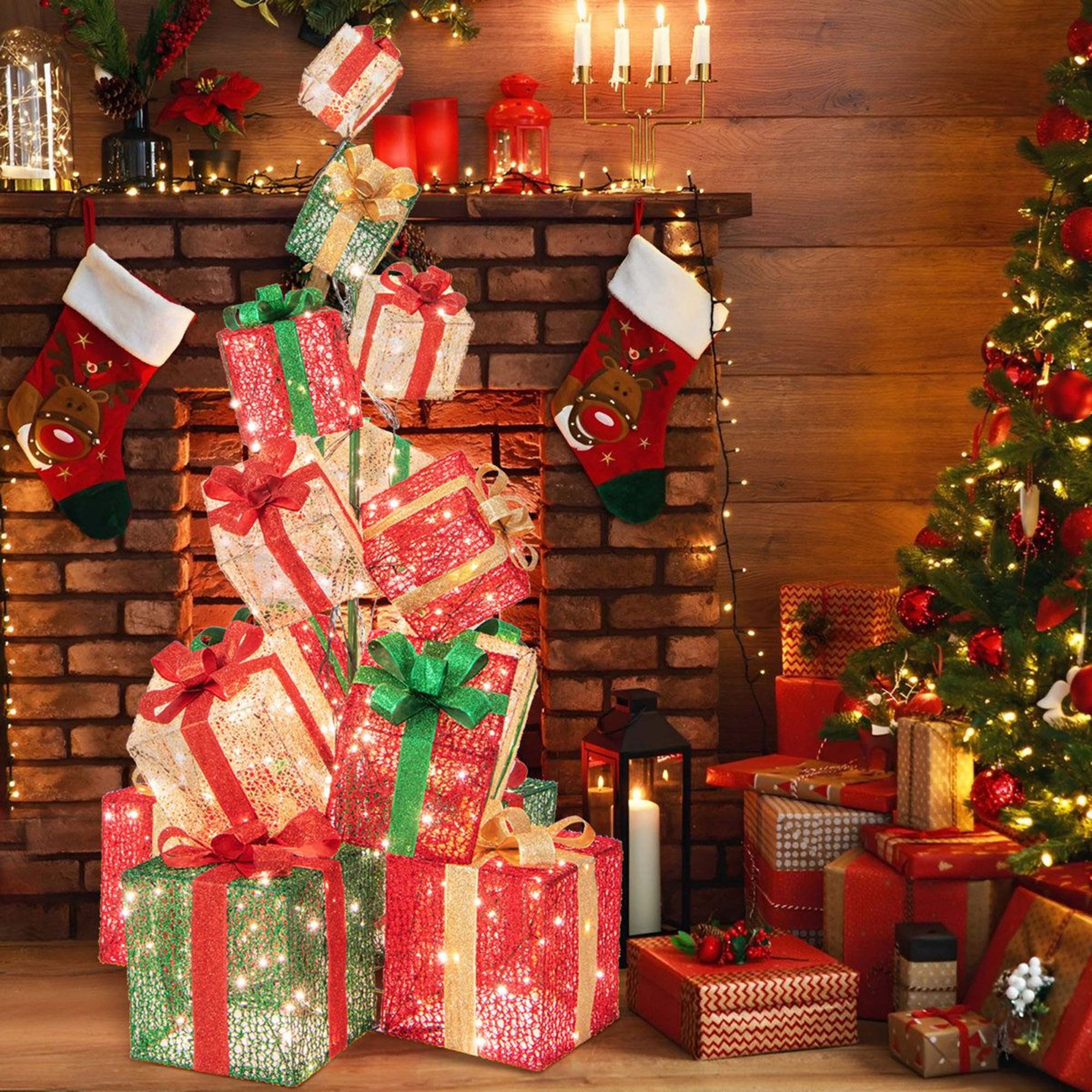 15 Piece Lighted Christmas Gift Box Tower With 450 Warm White LED Lights 8