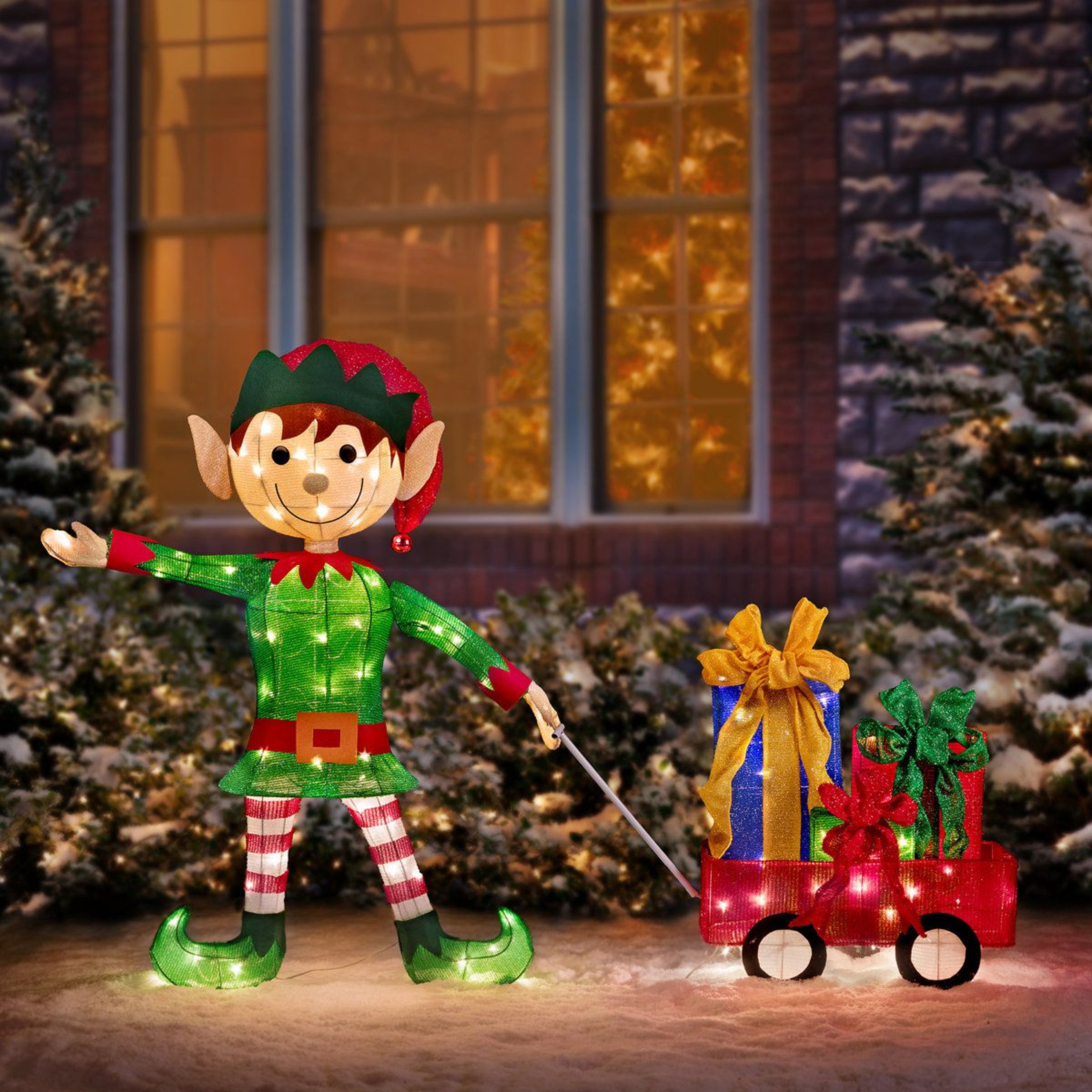 Lighted Christmas Elf Outdoor Yard Decoration With Wagon LED 2 Piece Set 0
