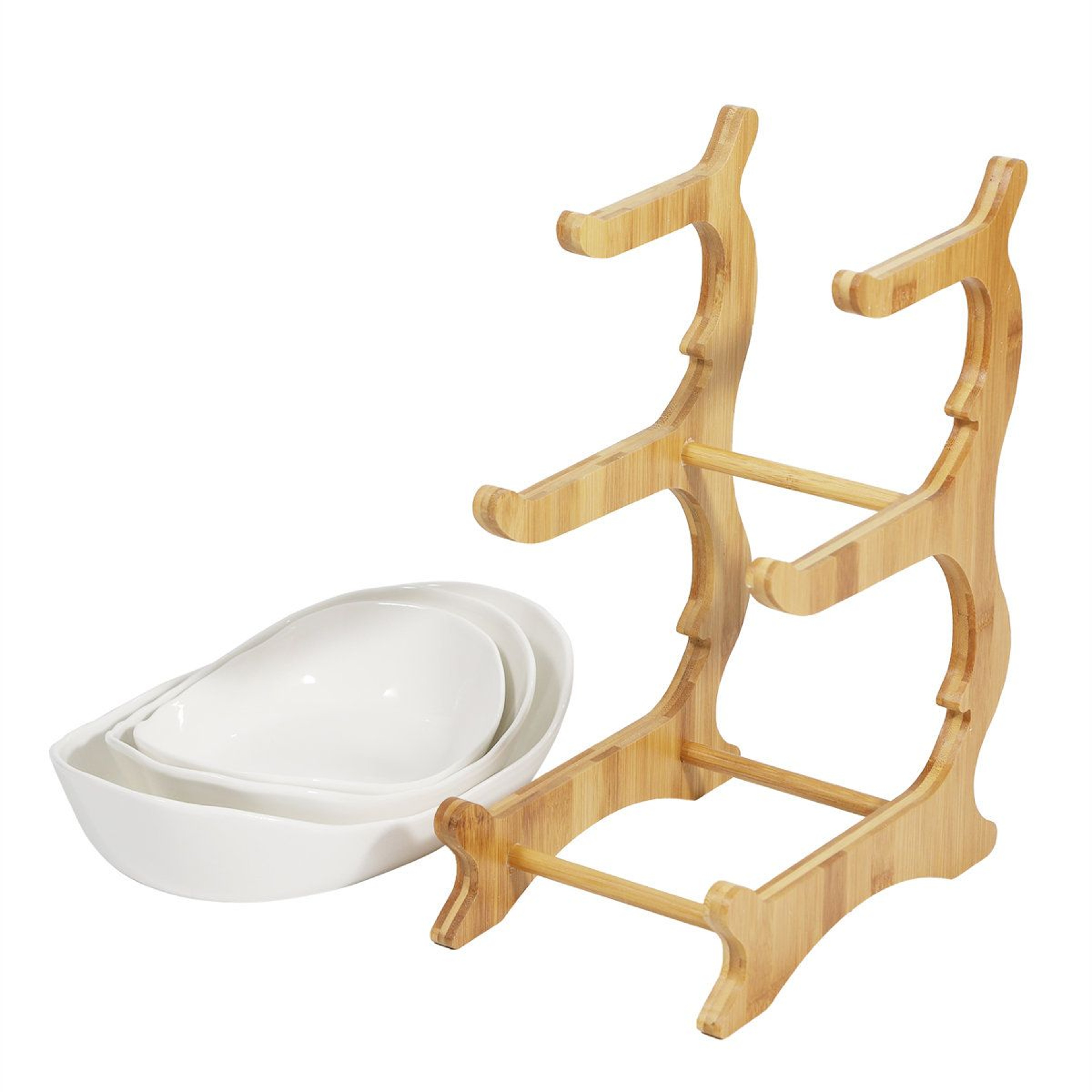 3 Tier Ceramic Fruit Bowl With Bamboo Stand Countertop Serving Organizer 0