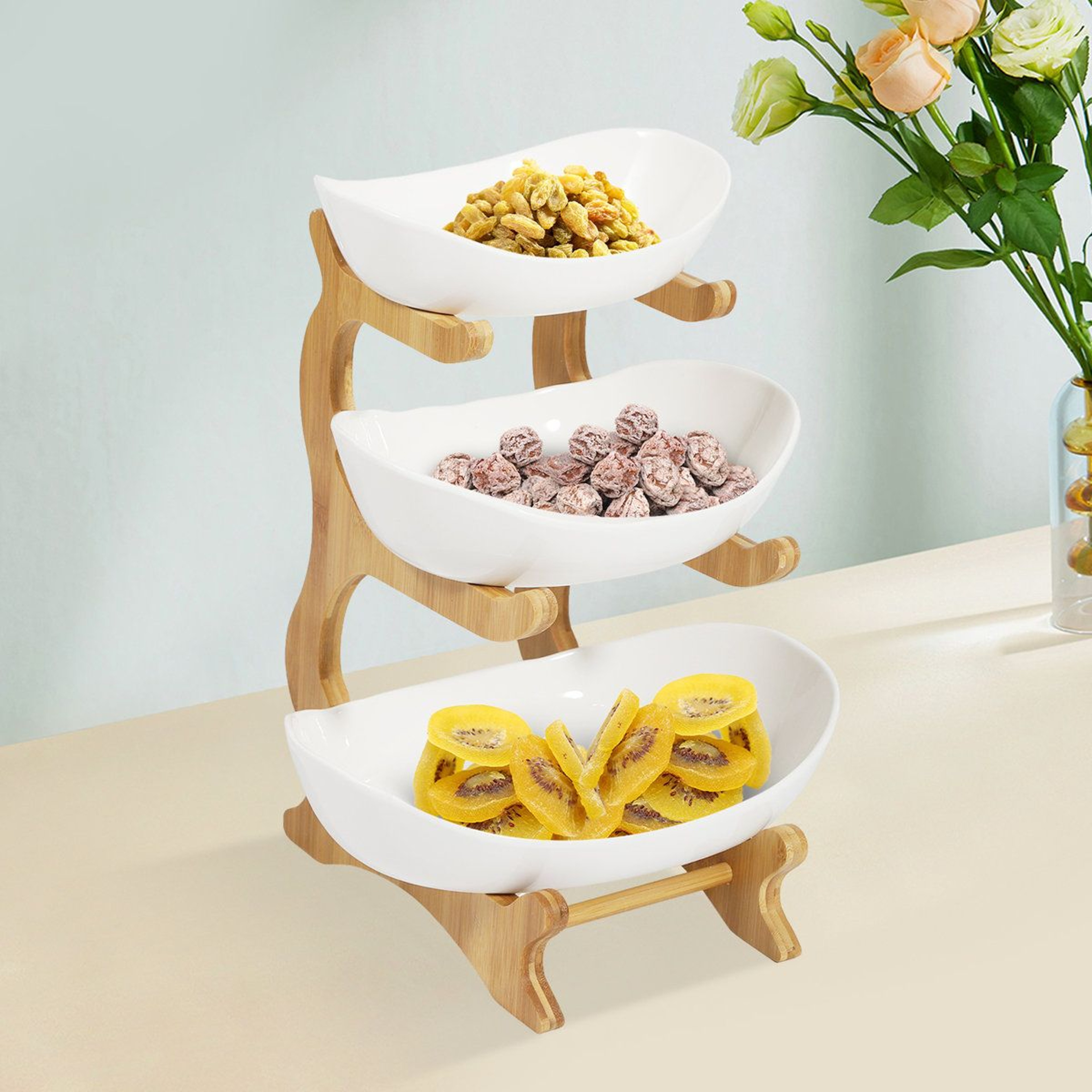 3 Tier Ceramic Fruit Bowl With Bamboo Stand Countertop Serving Organizer 11