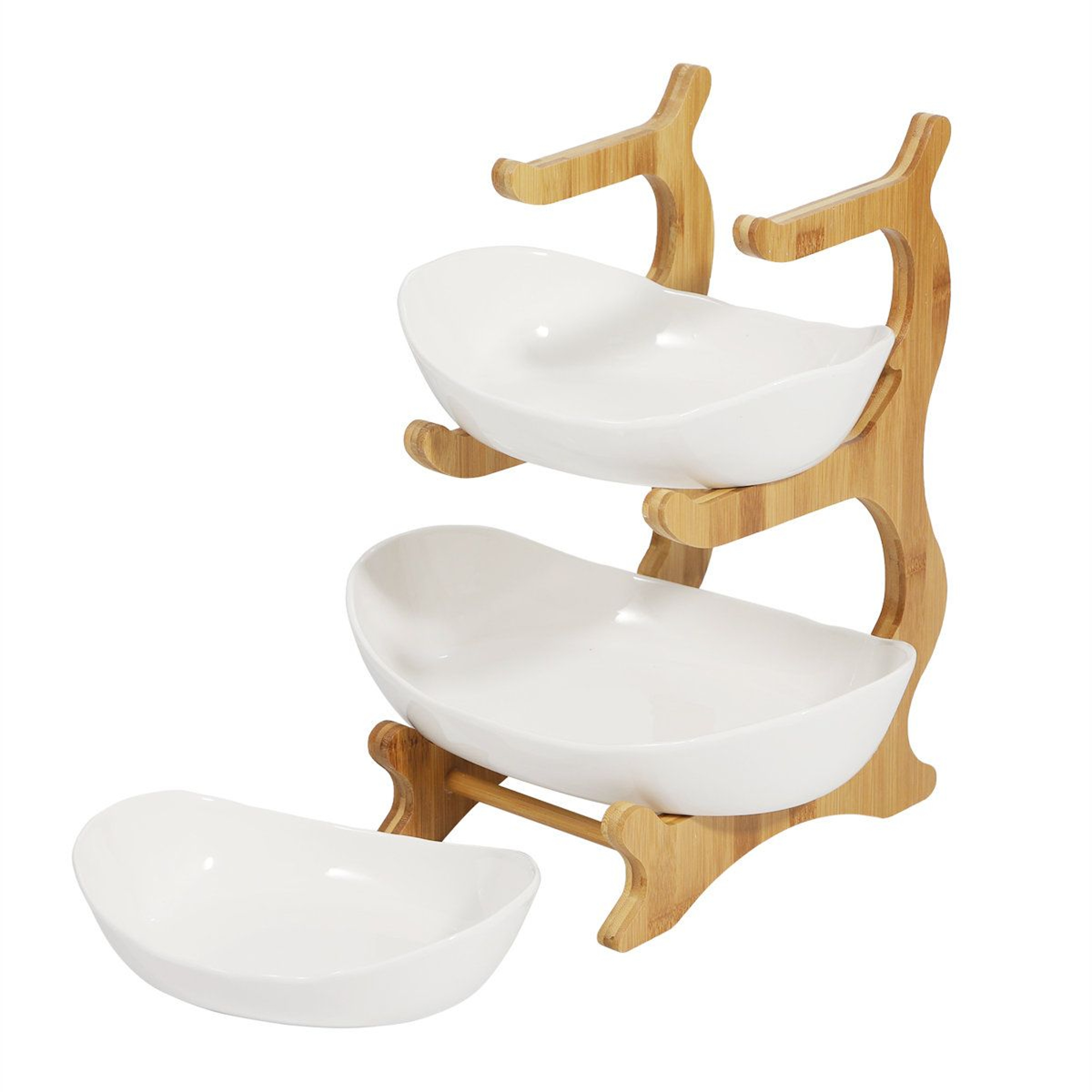 3 Tier Ceramic Fruit Bowl With Bamboo Stand Countertop Serving Organizer 5