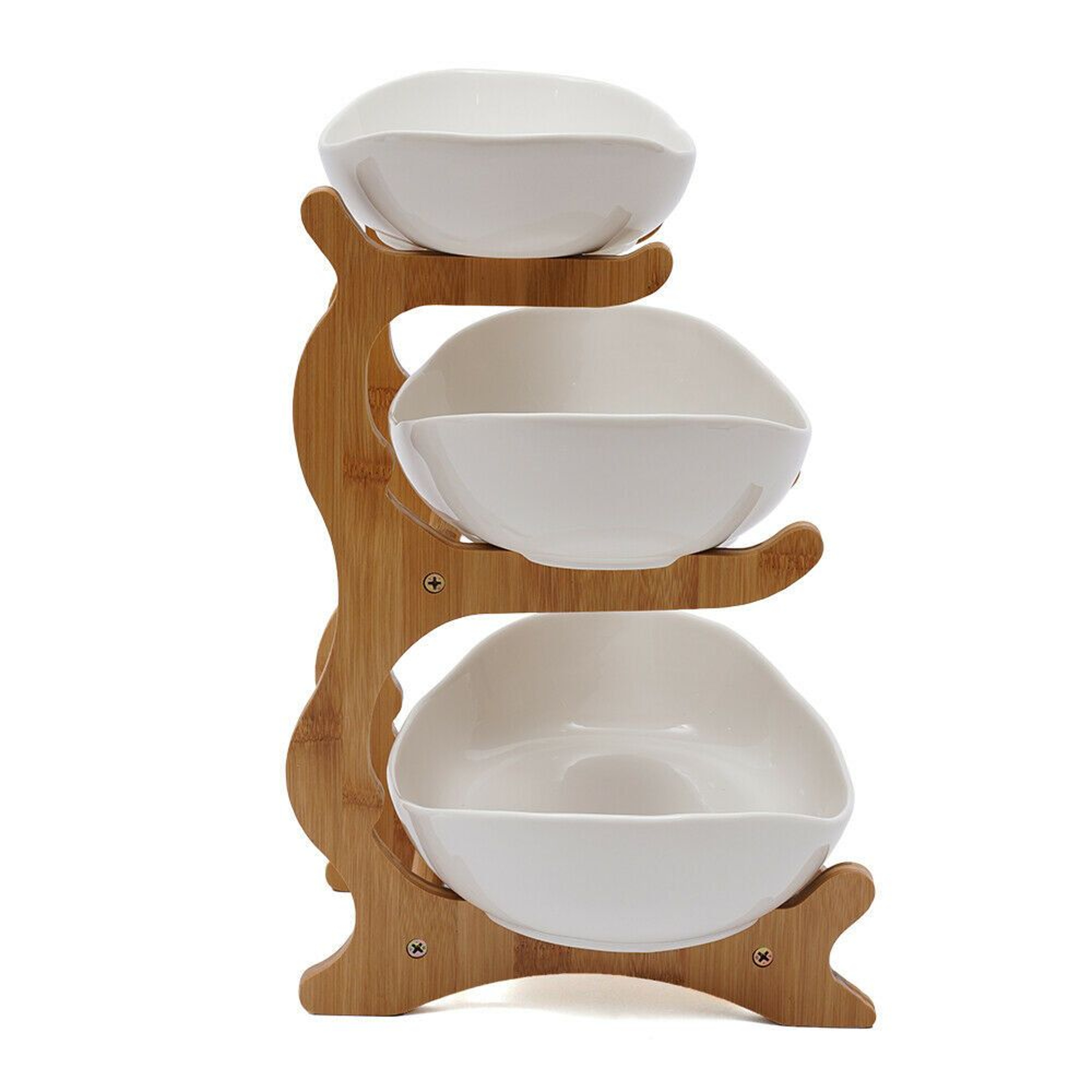 3 Tier Ceramic Fruit Bowl With Bamboo Stand Countertop Serving Organizer 3