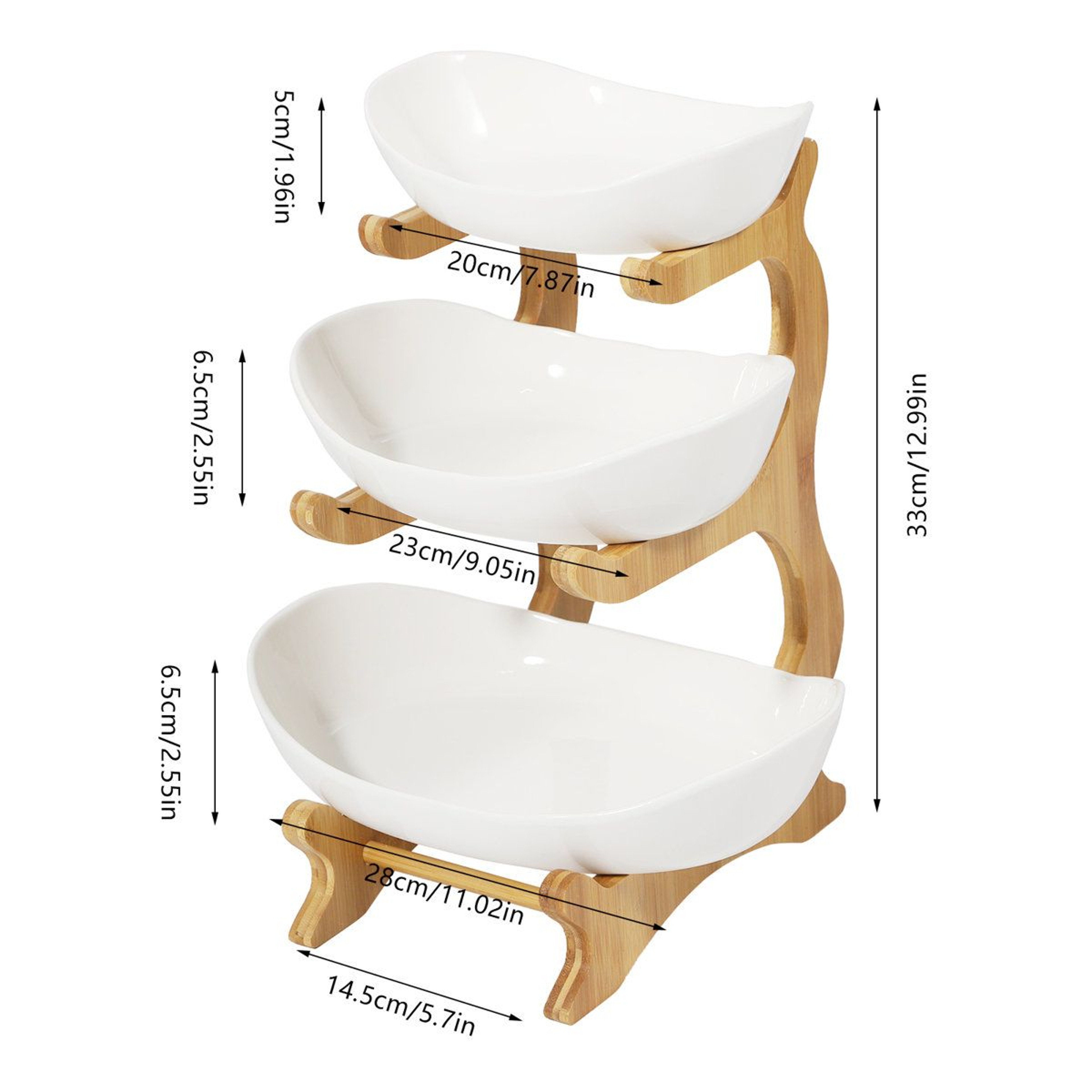 3 Tier Ceramic Fruit Bowl With Bamboo Stand Countertop Serving Organizer 9
