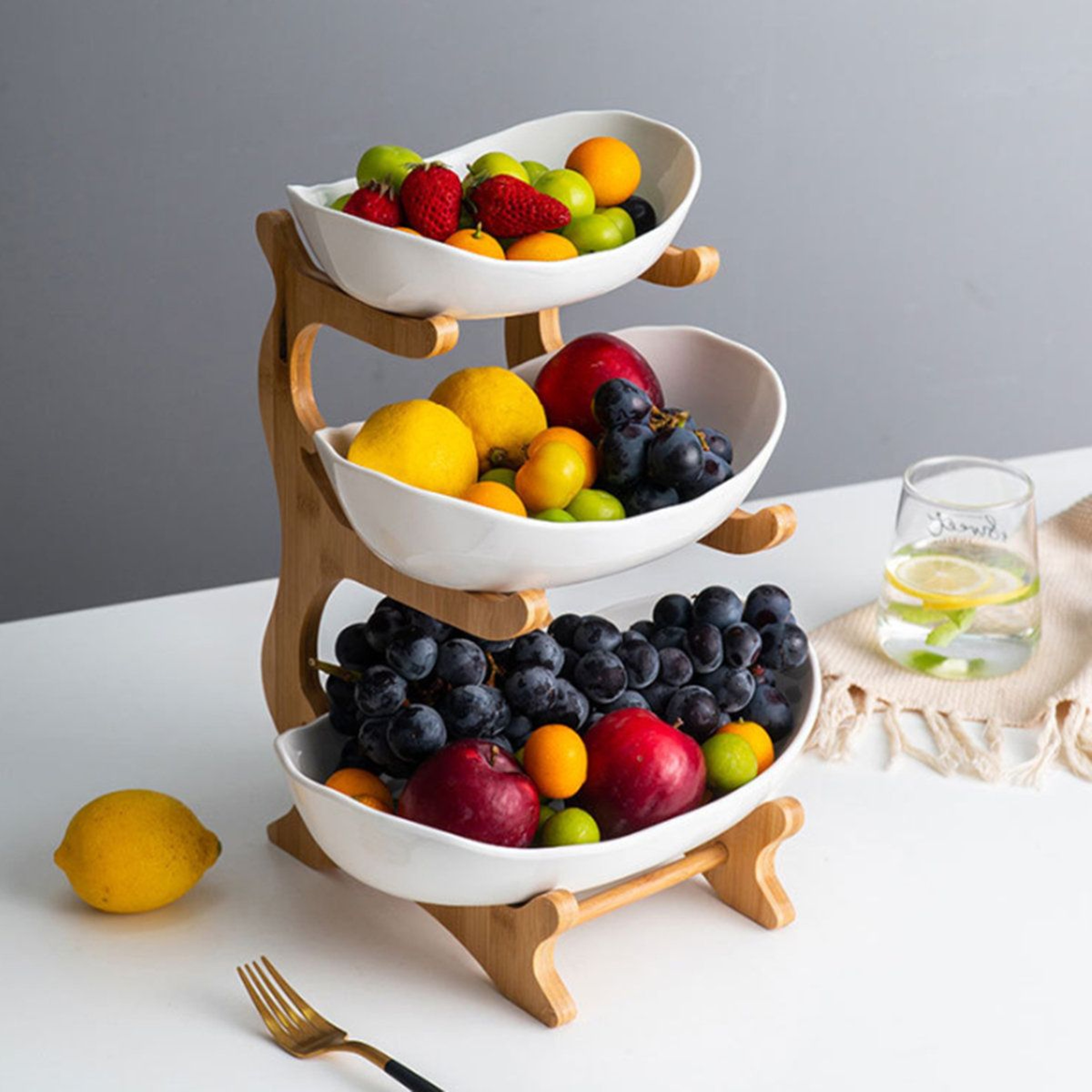 3 Tier Ceramic Fruit Bowl With Bamboo Stand Countertop Serving Organizer 12