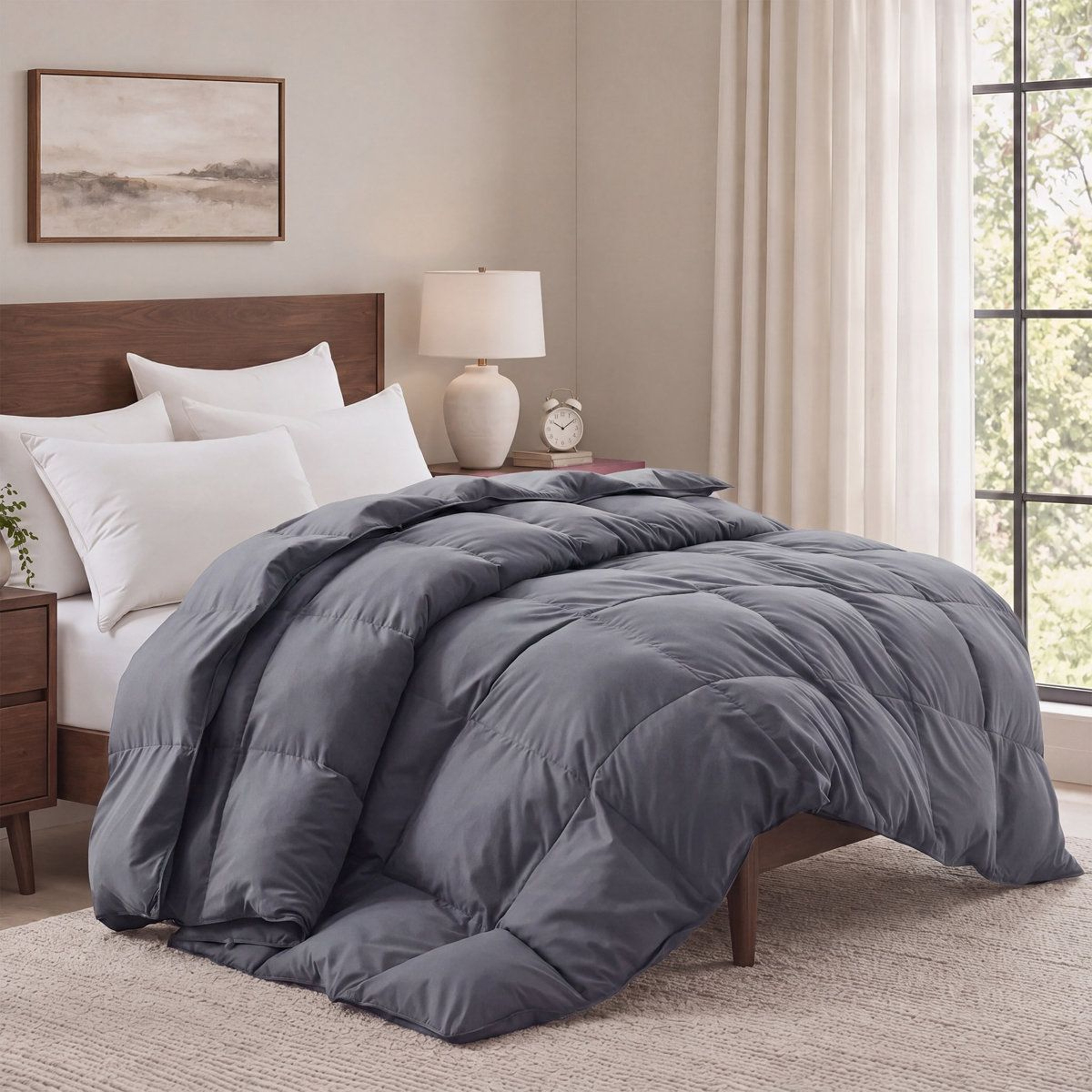 All Season Queen Down Feather Comforter With Quilted Design And Corner Ties 2