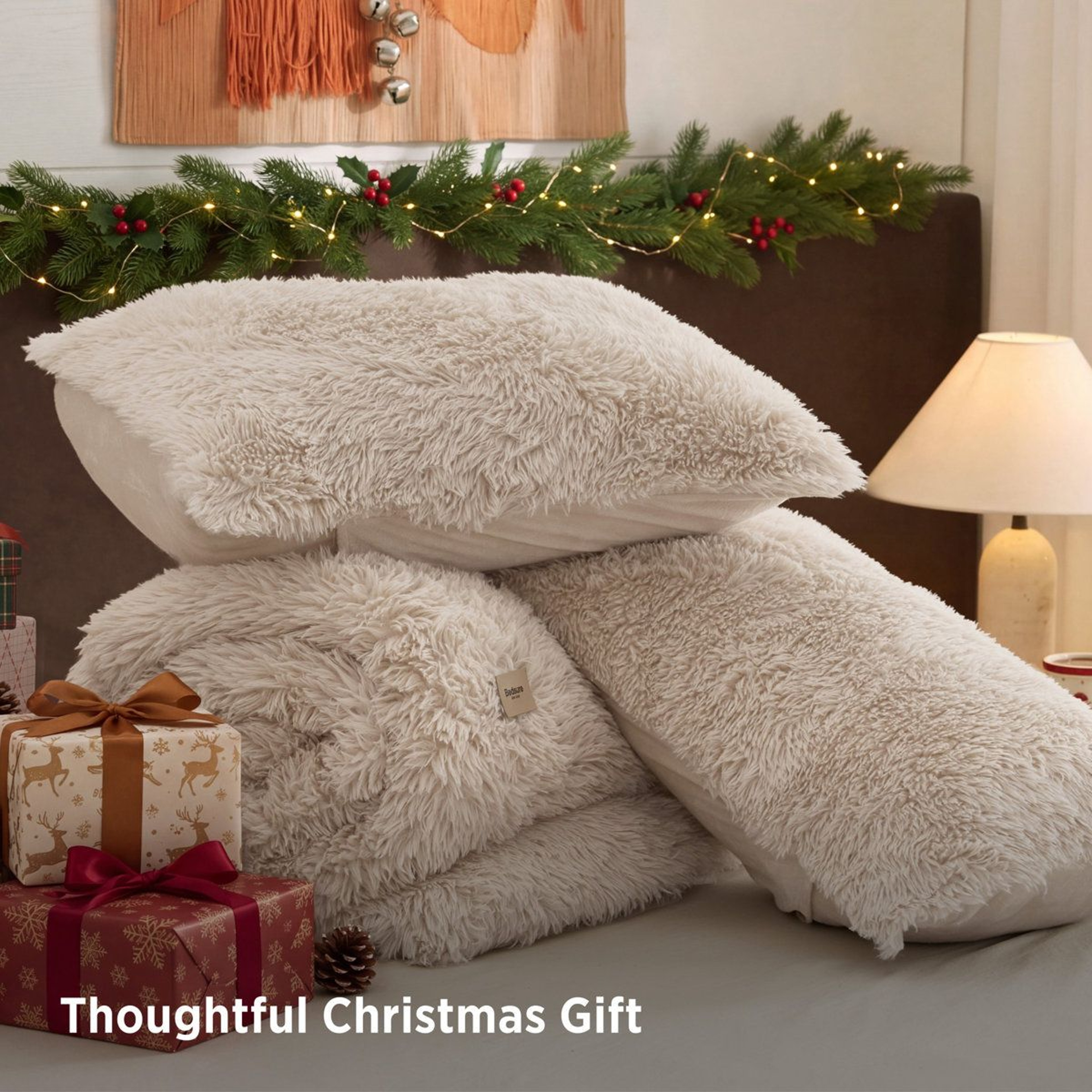King Faux Fur Fleece Comforter Set Beige Plush Warm Winter Bedding 3