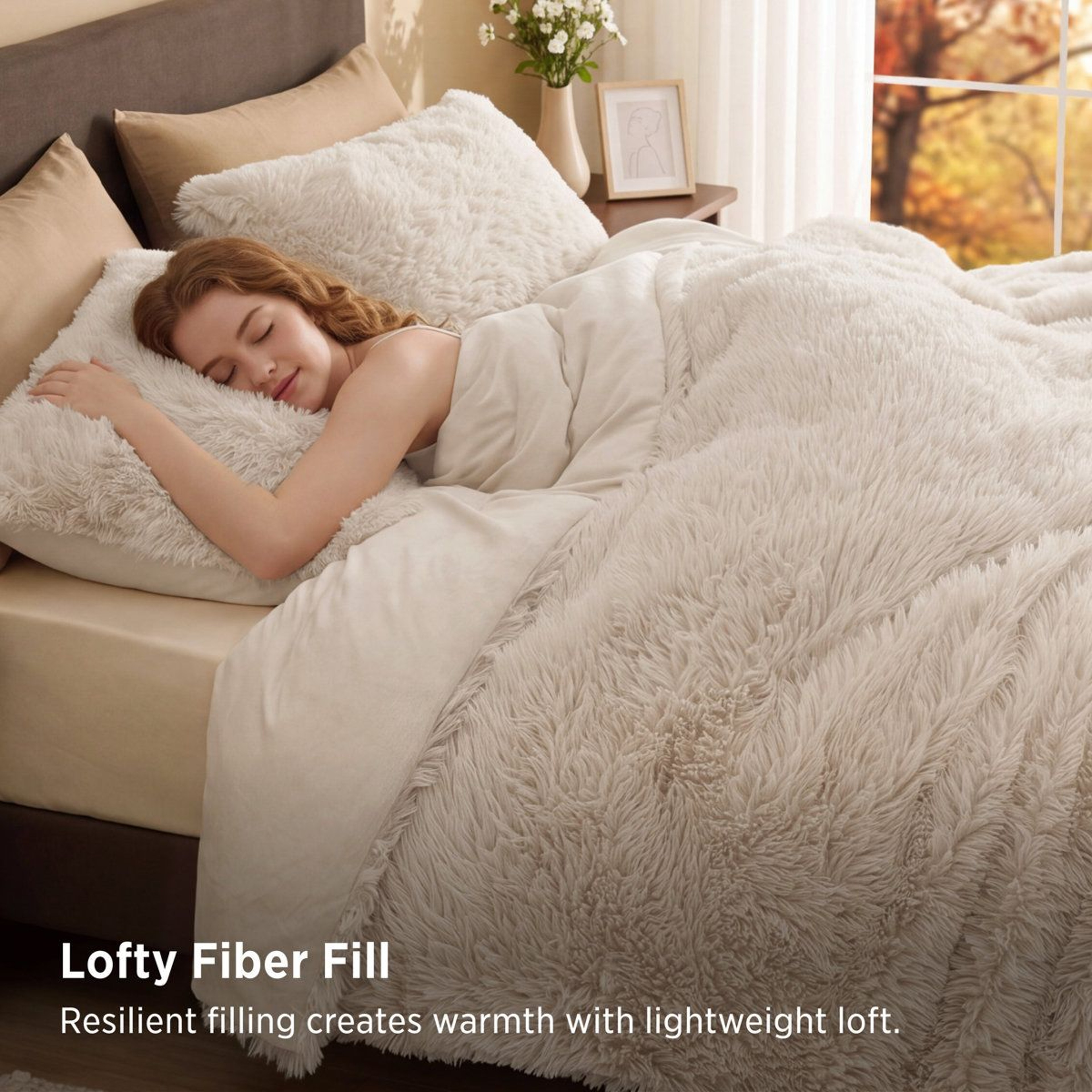 King Faux Fur Fleece Comforter Set Beige Plush Warm Winter Bedding 5