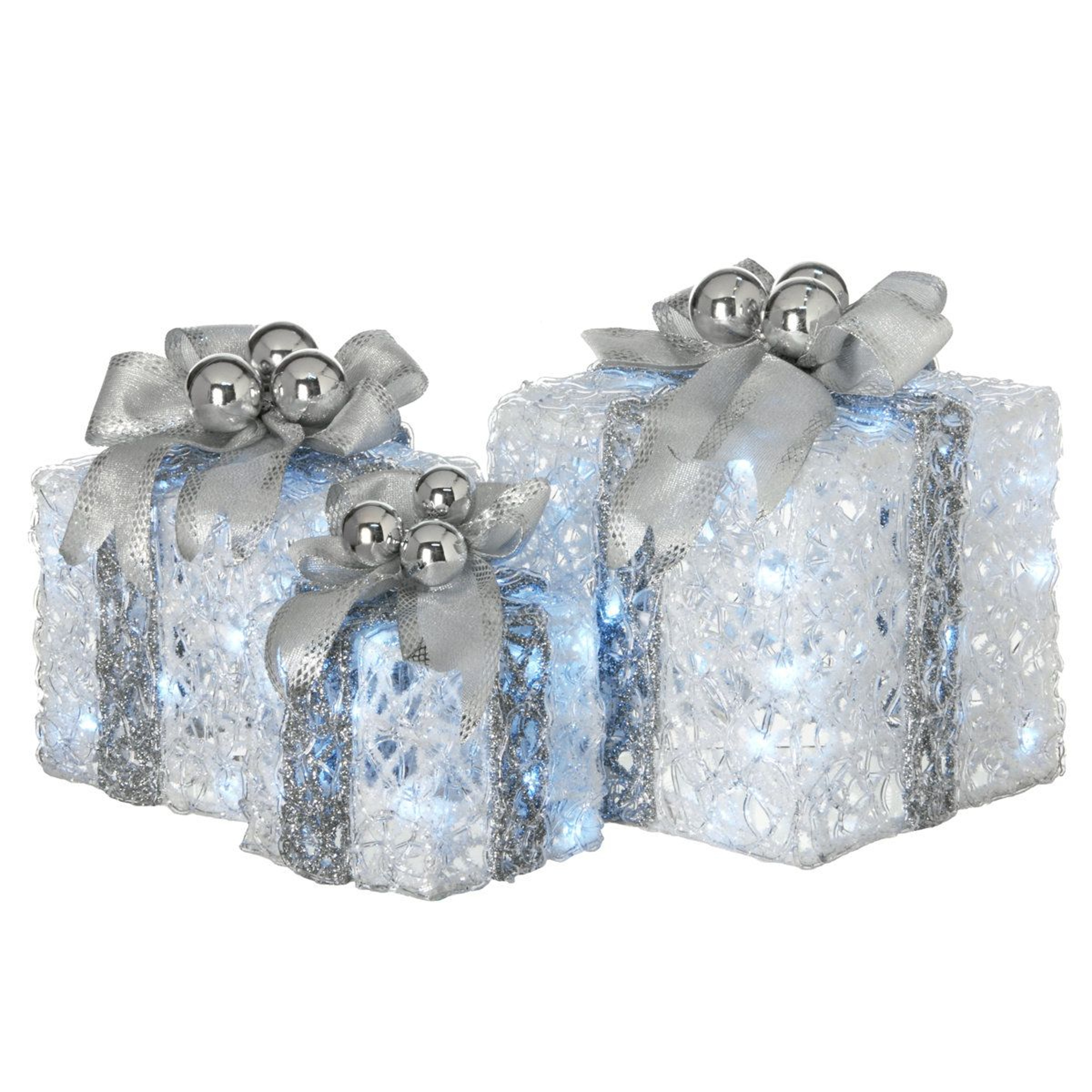 LED Lighted Christmas Gift Boxes 3 Piece White And Silver Holiday Decoration Set 0