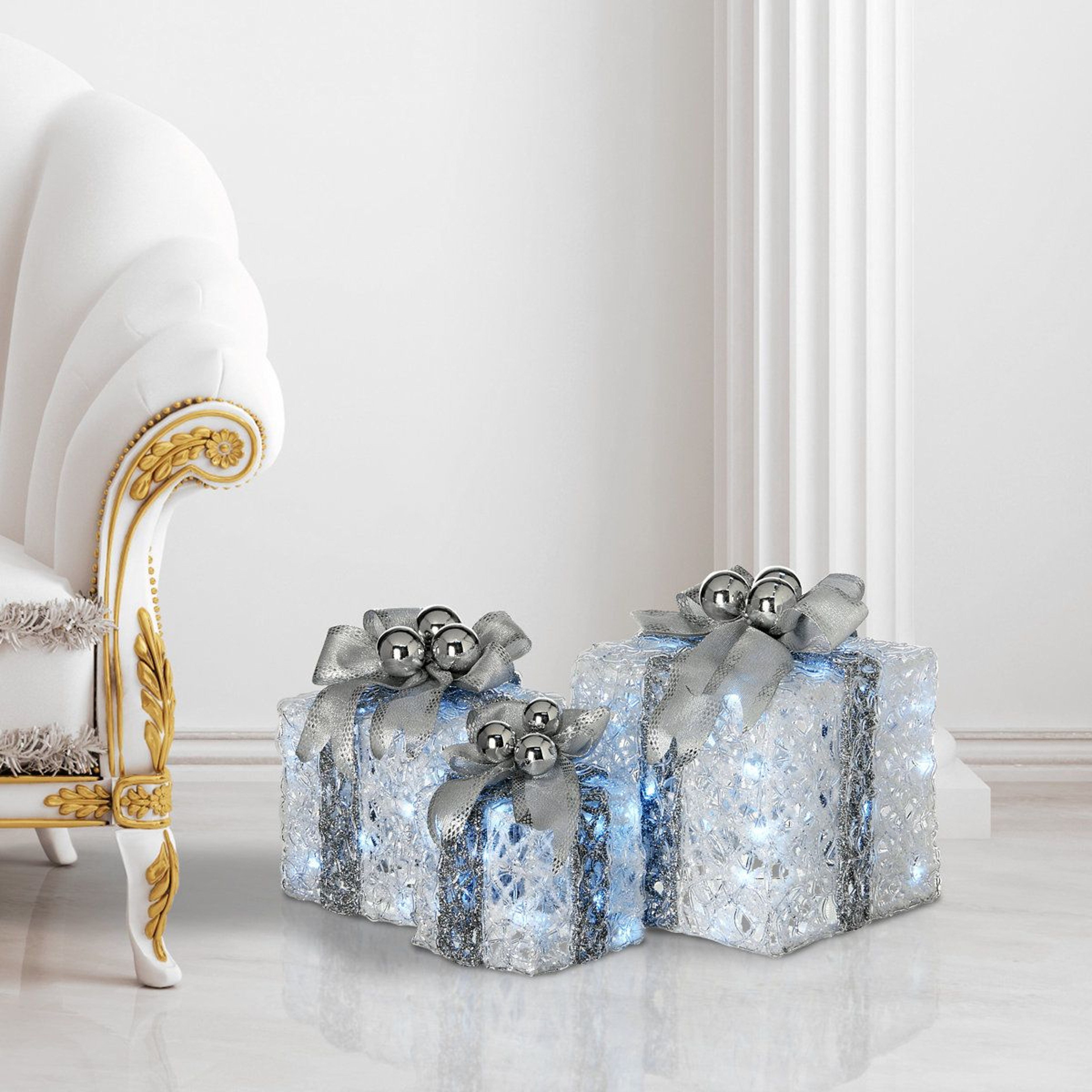 LED Lighted Christmas Gift Boxes 3 Piece White And Silver Holiday Decoration Set 6