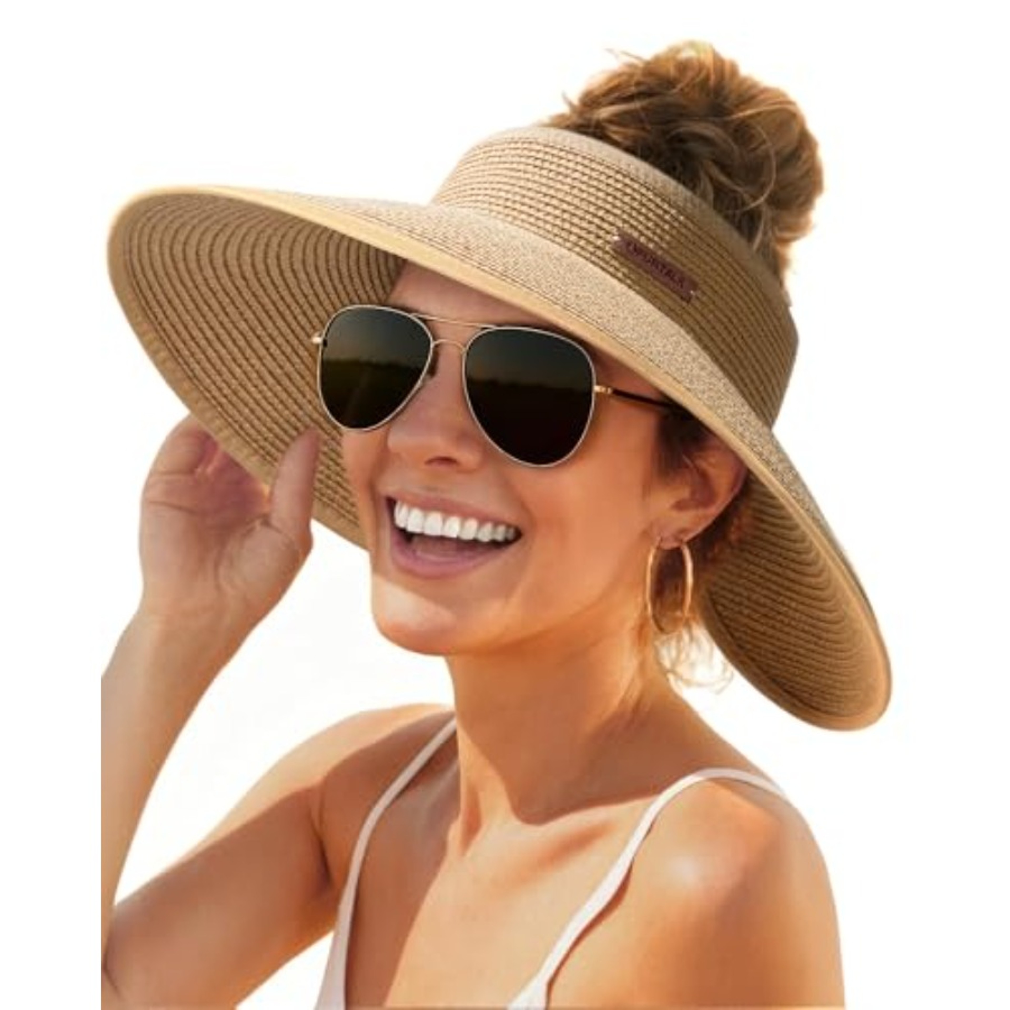 Womens Wide Brim Sun Hat UV Protection Straw Visor Hat With Ponytail Opening Foldable Beach Cap 0