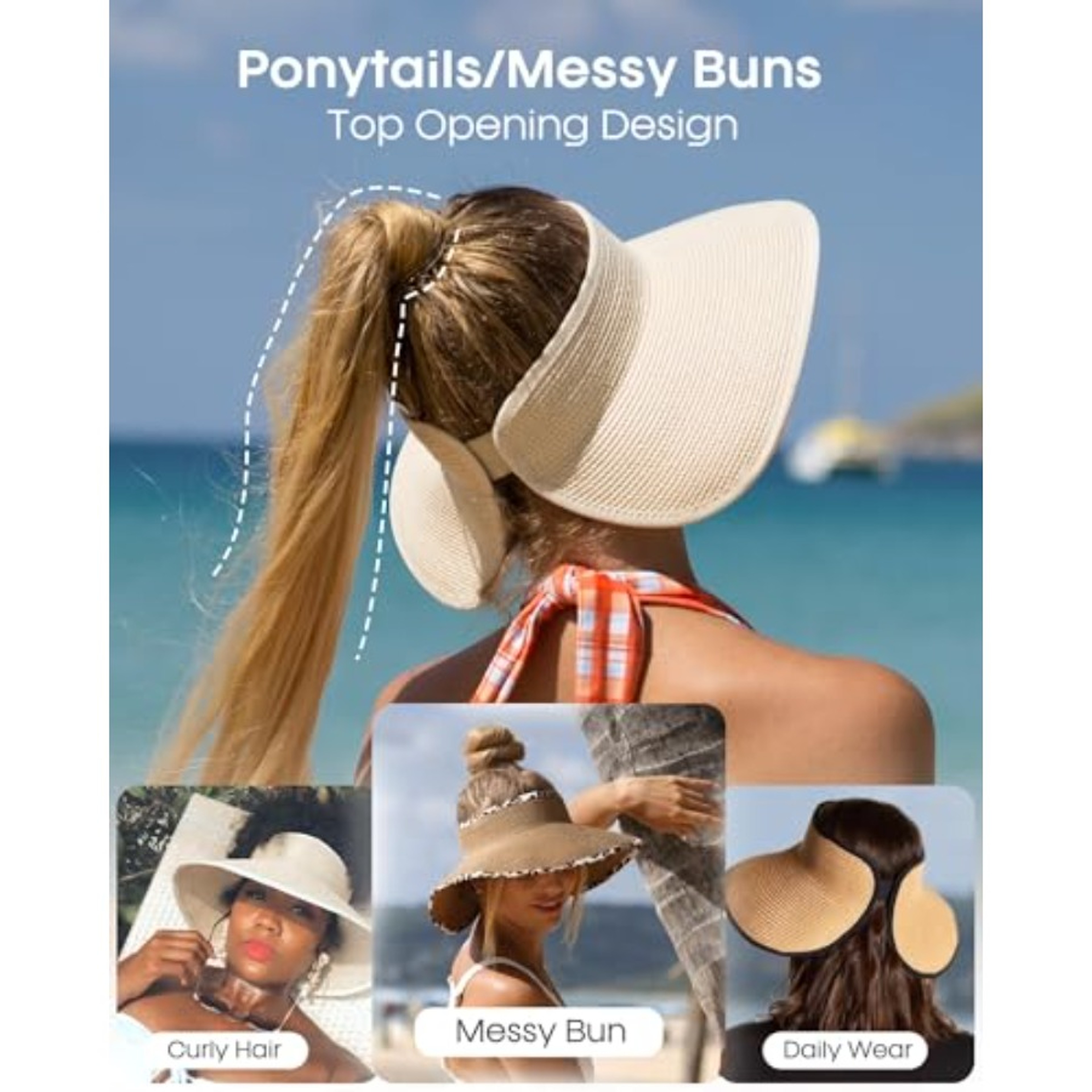 Womens Wide Brim Sun Hat UV Protection Straw Visor Hat With Ponytail Opening Foldable Beach Cap 2