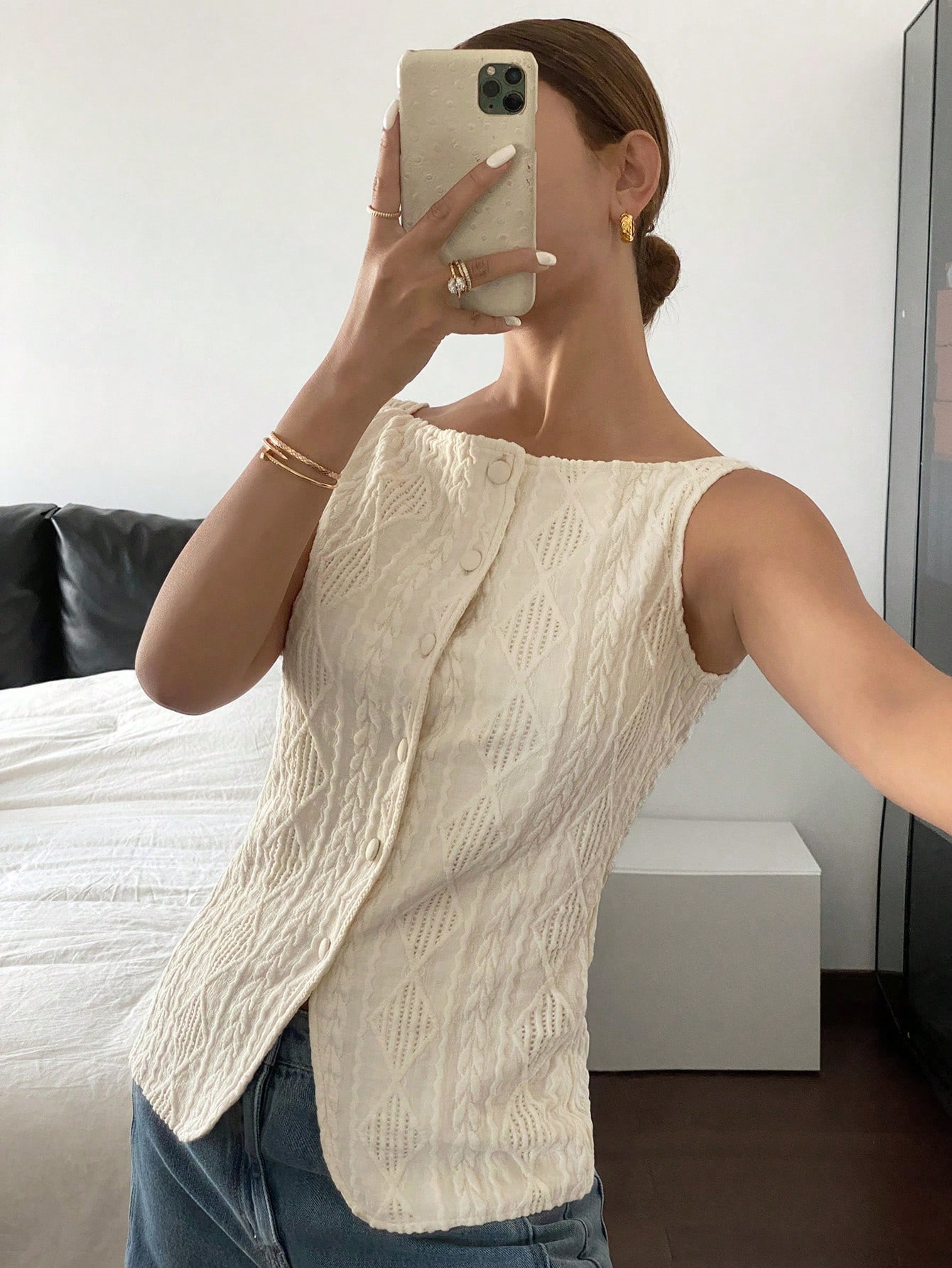 Womens Sleeveless Textured Button Up Shirt Casual Summer Blouse 2
