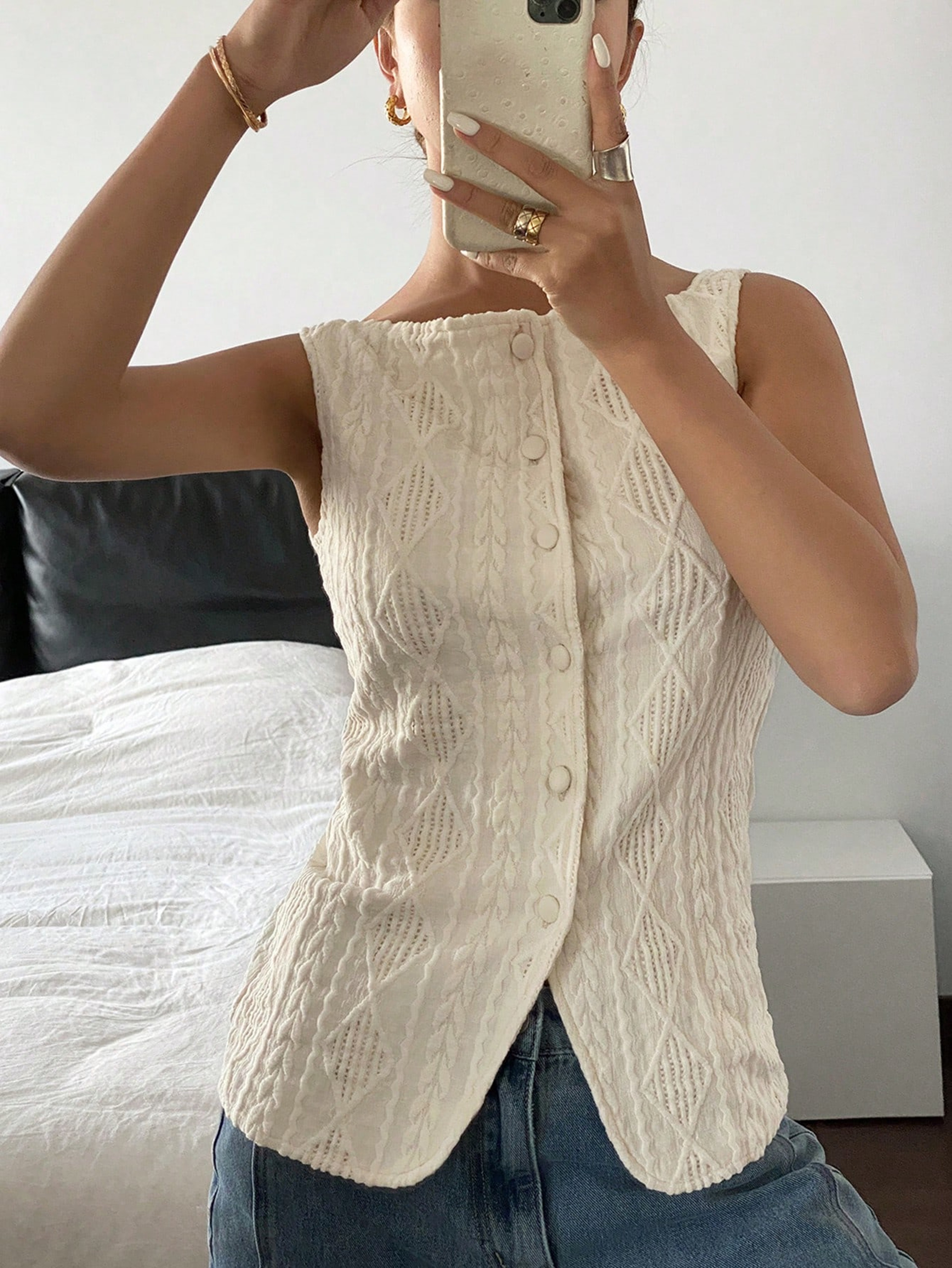 Womens Sleeveless Textured Button Up Shirt Casual Summer Blouse 5