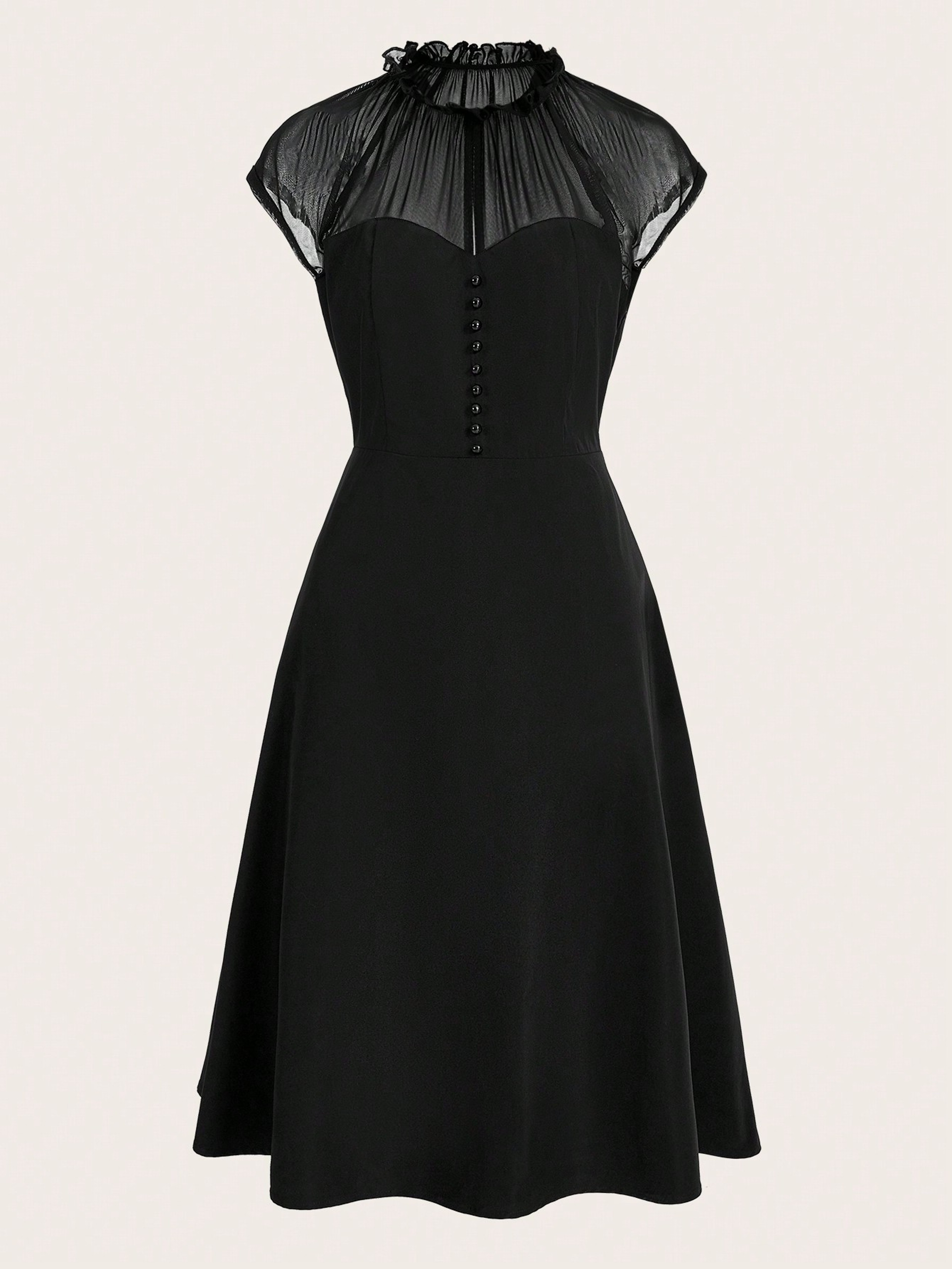 Elegant Black Mesh Midi Dress With Vintage High Neck  Sheer Panel ALine Fit 2