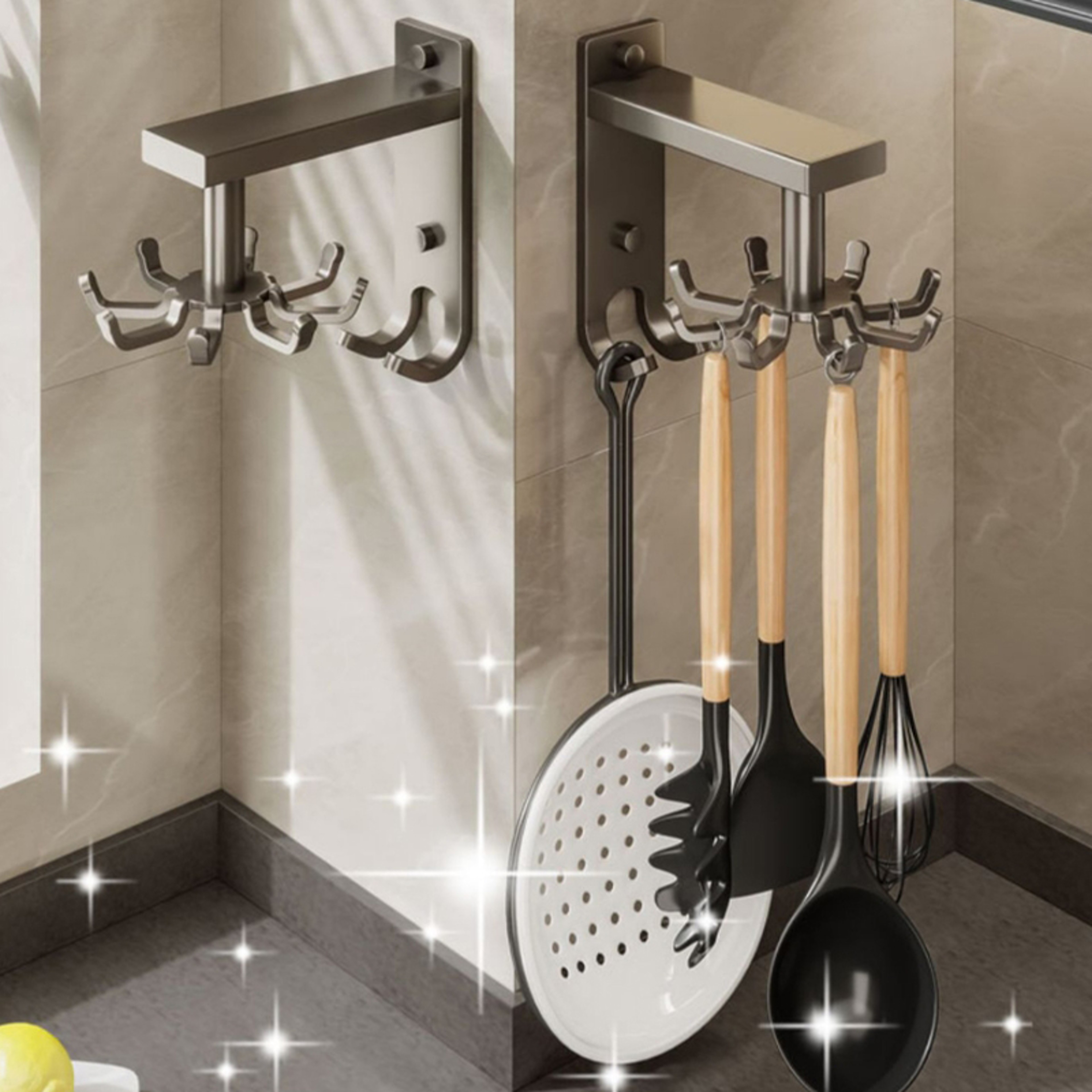 Rotating Kitchen Utensil Holder Wall Mounted Kitchen Organizer With Aluminum Hooks 0