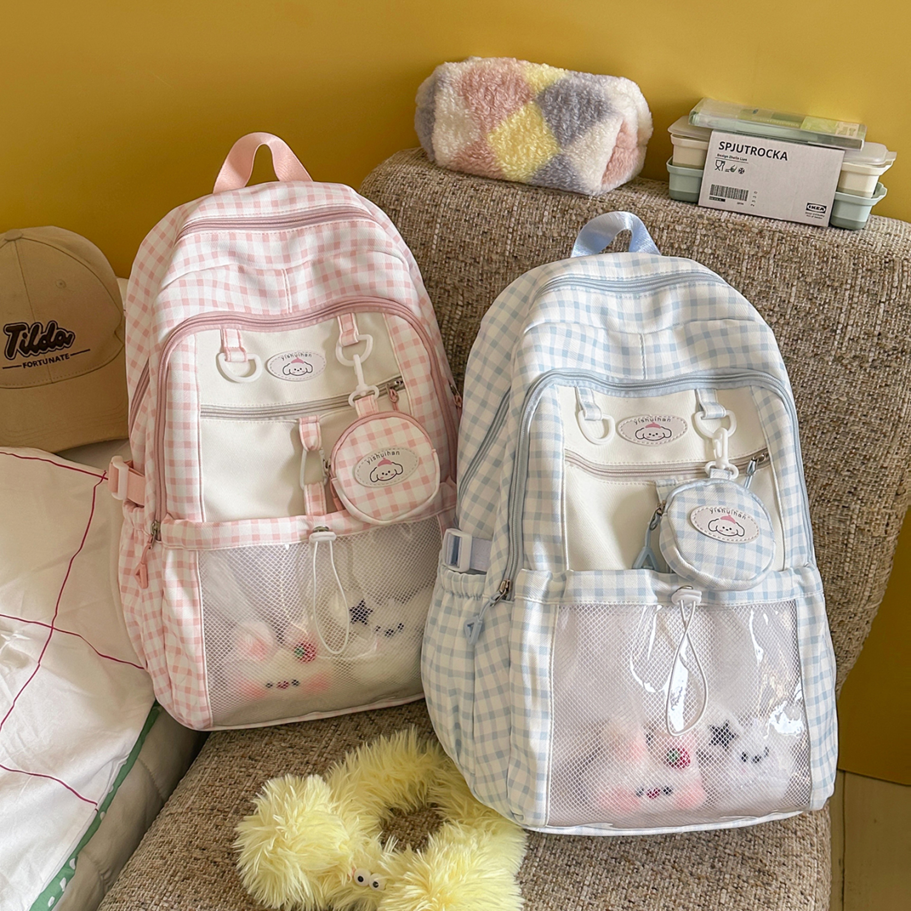 Back To School Backpack Checkered Transparent Mesh Backpack Cute Kawaii School Bag For Girls  Teens 5