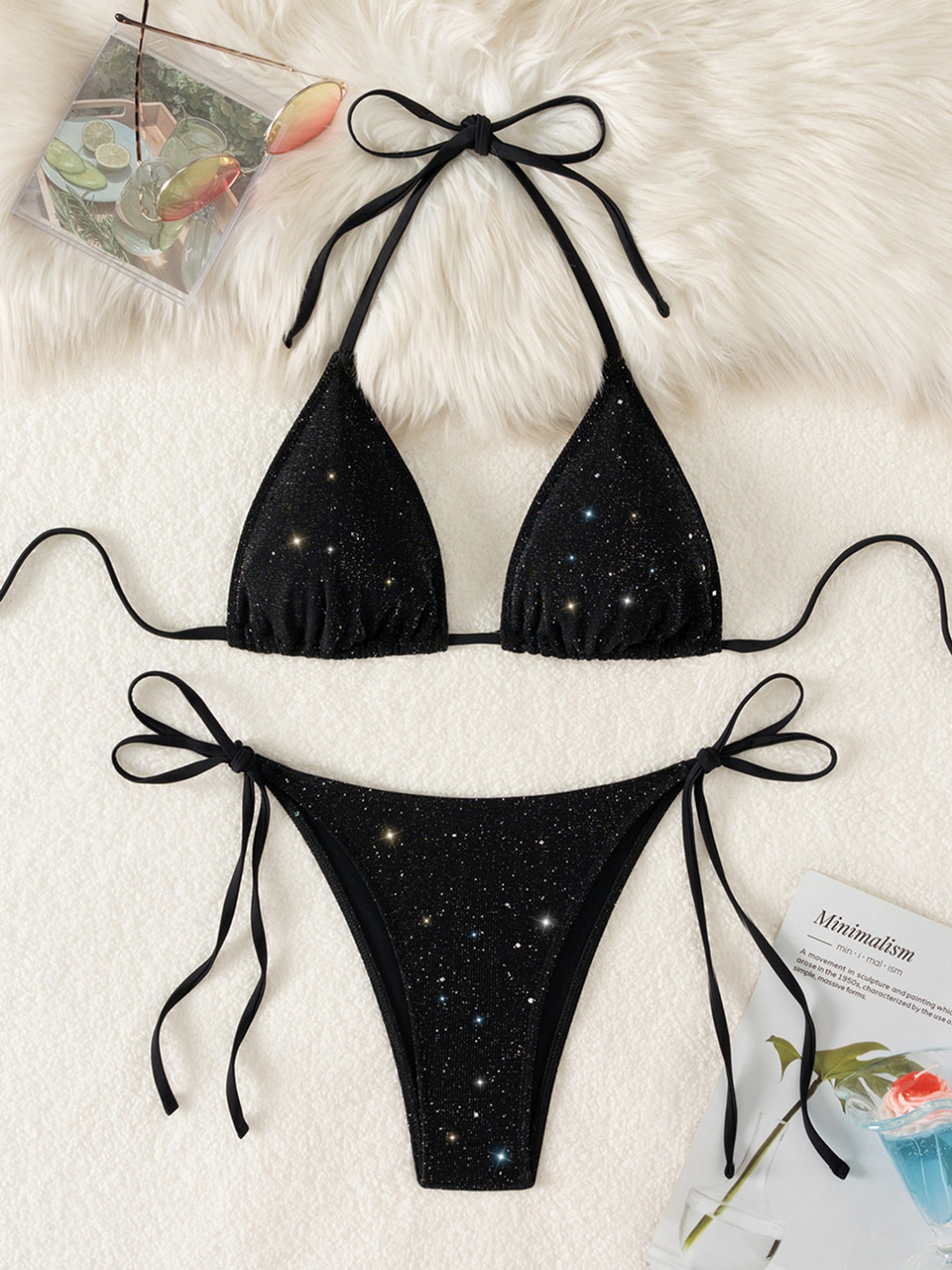 Sparkly High Cut Halter Bikini Set For Women Strappy Swimsuit 7