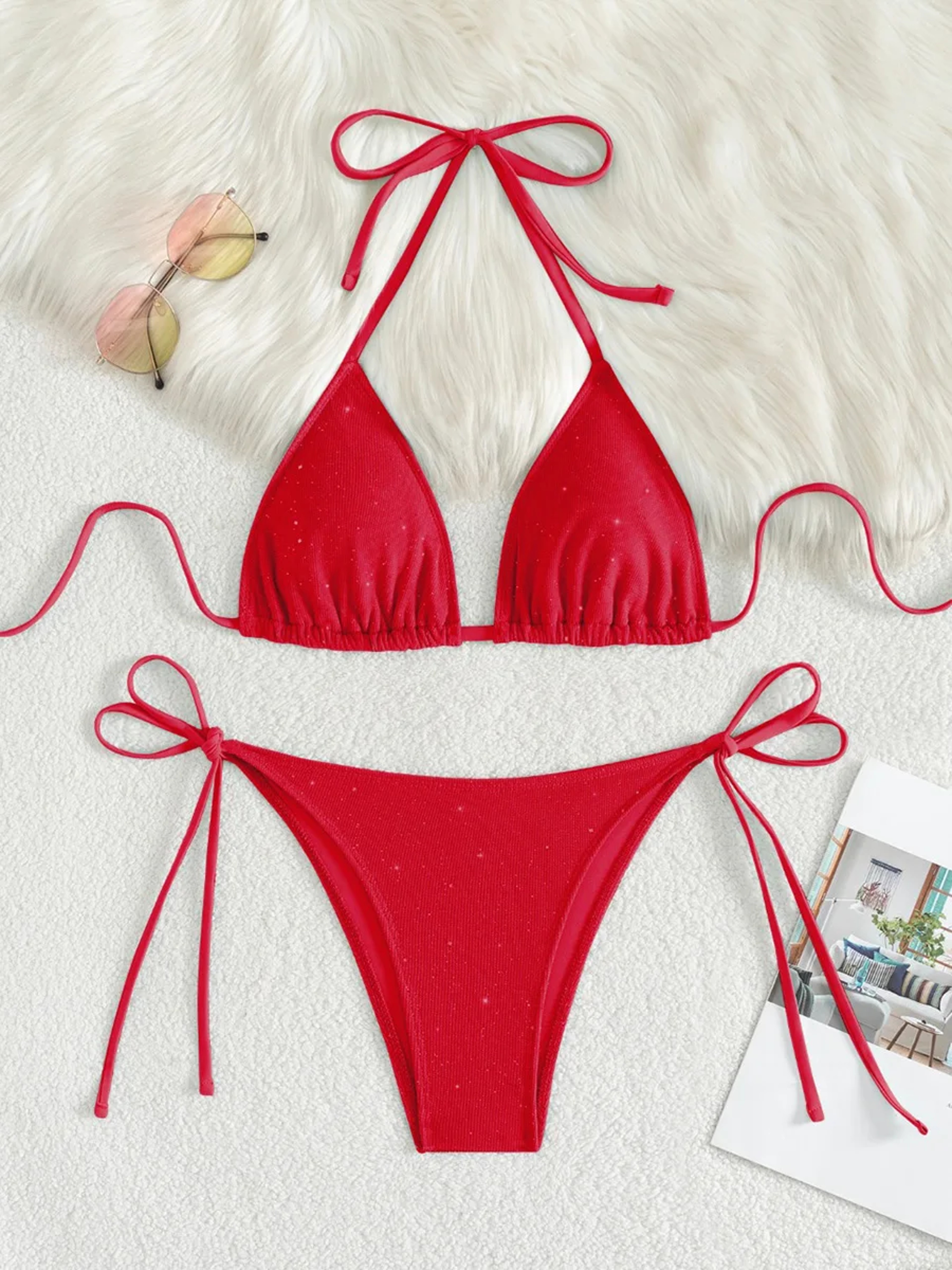 Sparkly High Cut Halter Bikini Set For Women Strappy Swimsuit 2