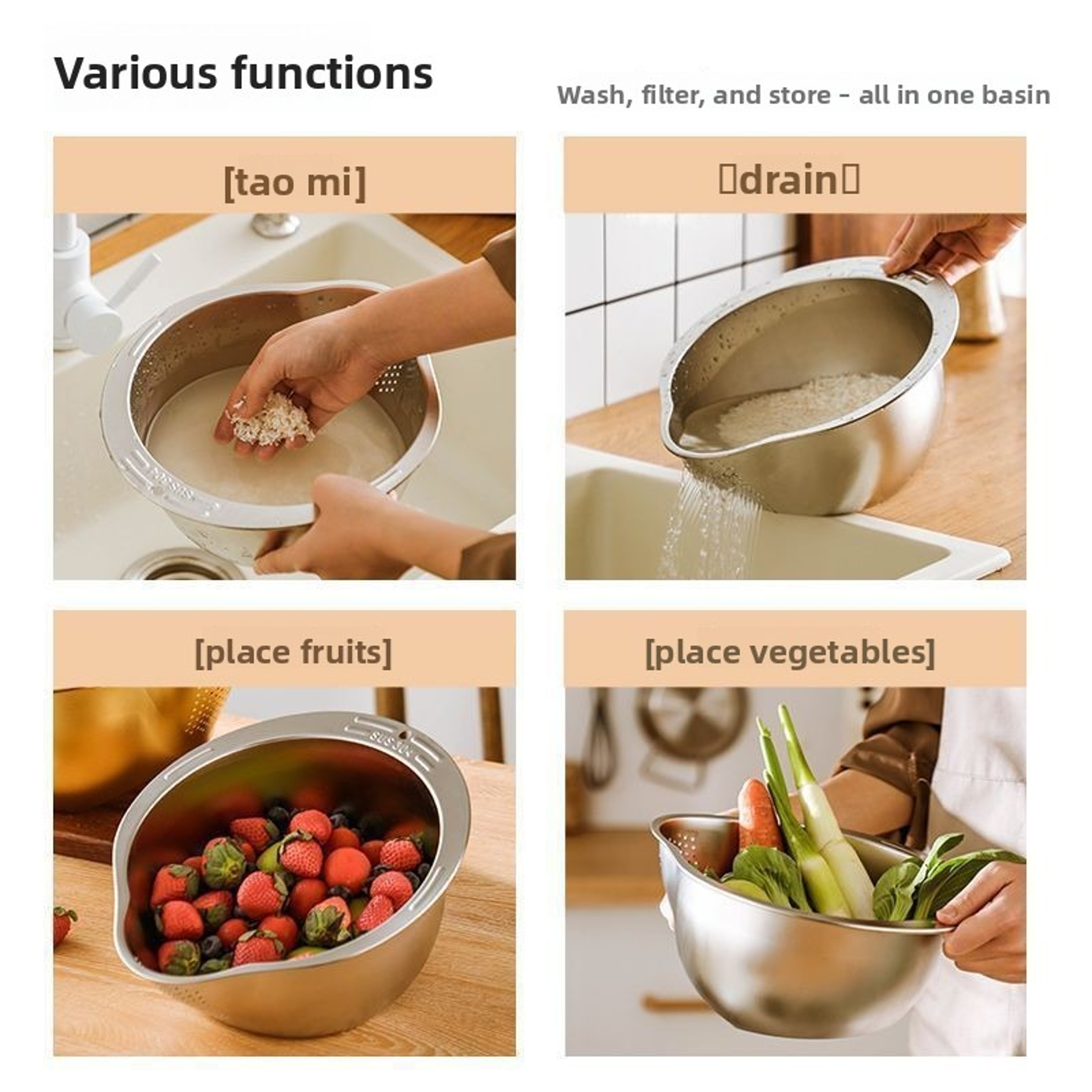 Premium Rice Washing Bowl Stainless Steel Colander For Rice Fruits  Vegetables 3