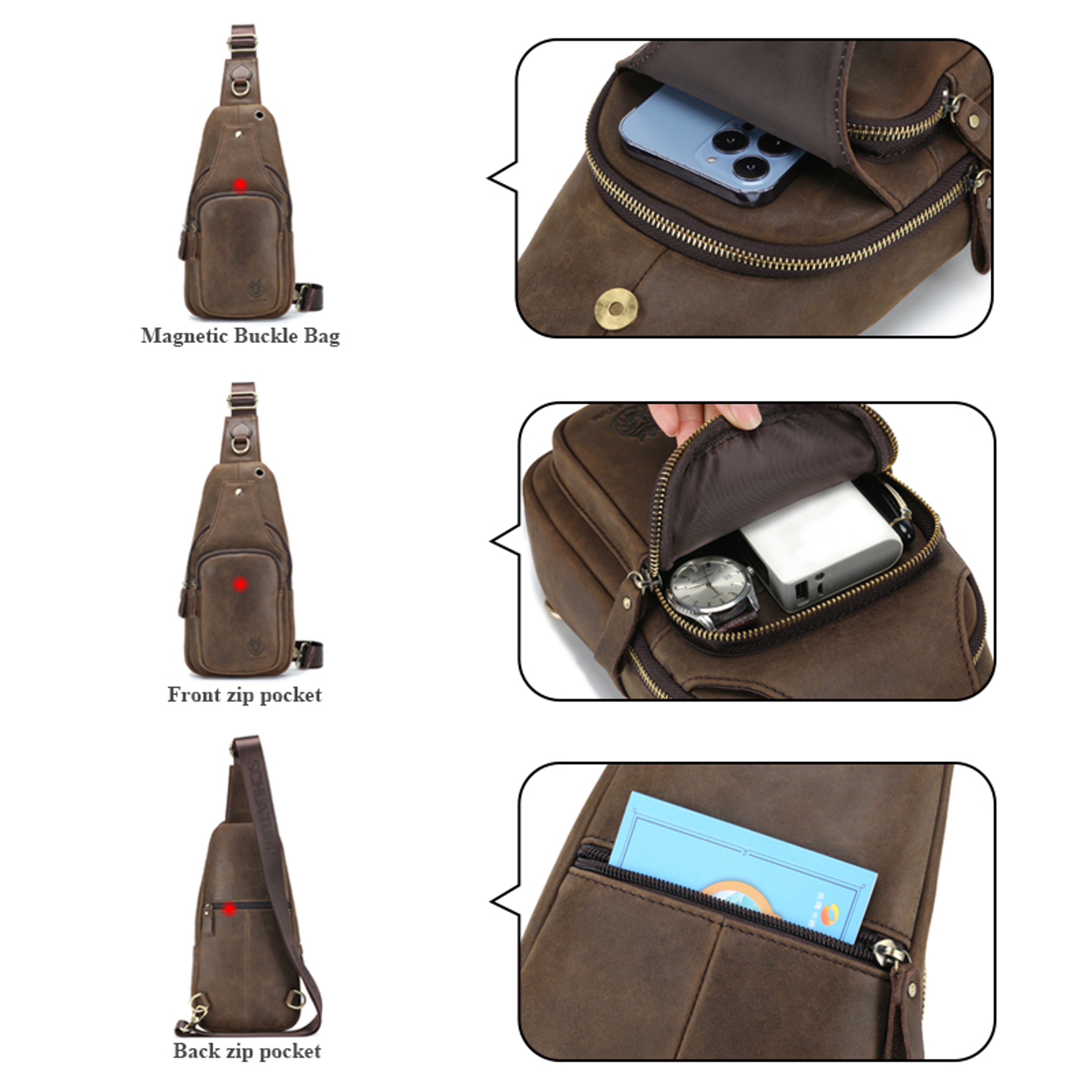 Genuine Leather Chest Bag Men Crossbody Sling Backpack Travel Shoulder Bag 6