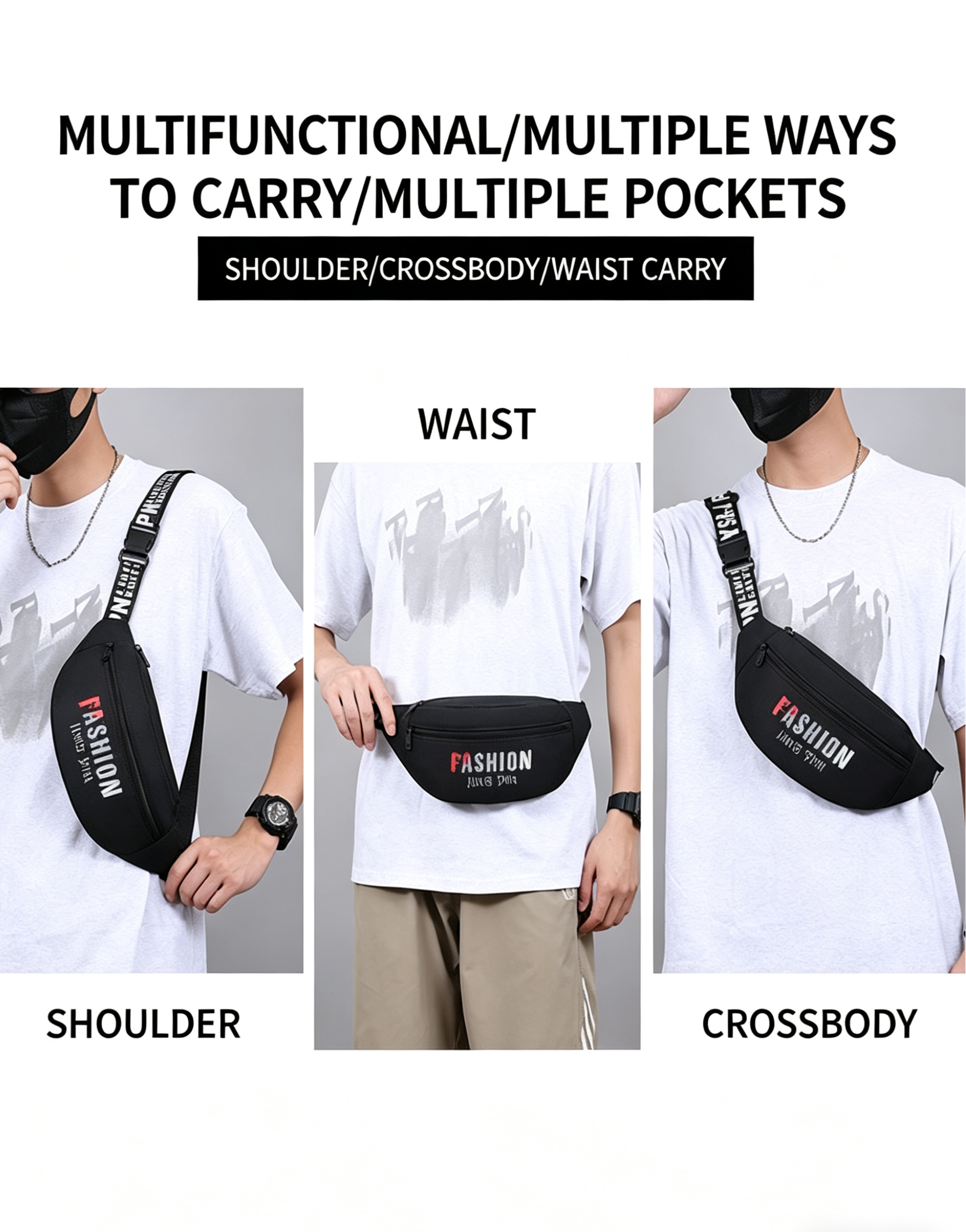 Men Multi Pocket Waist Bag Large Capacity Outdoor Sports Crossbody Pack 7