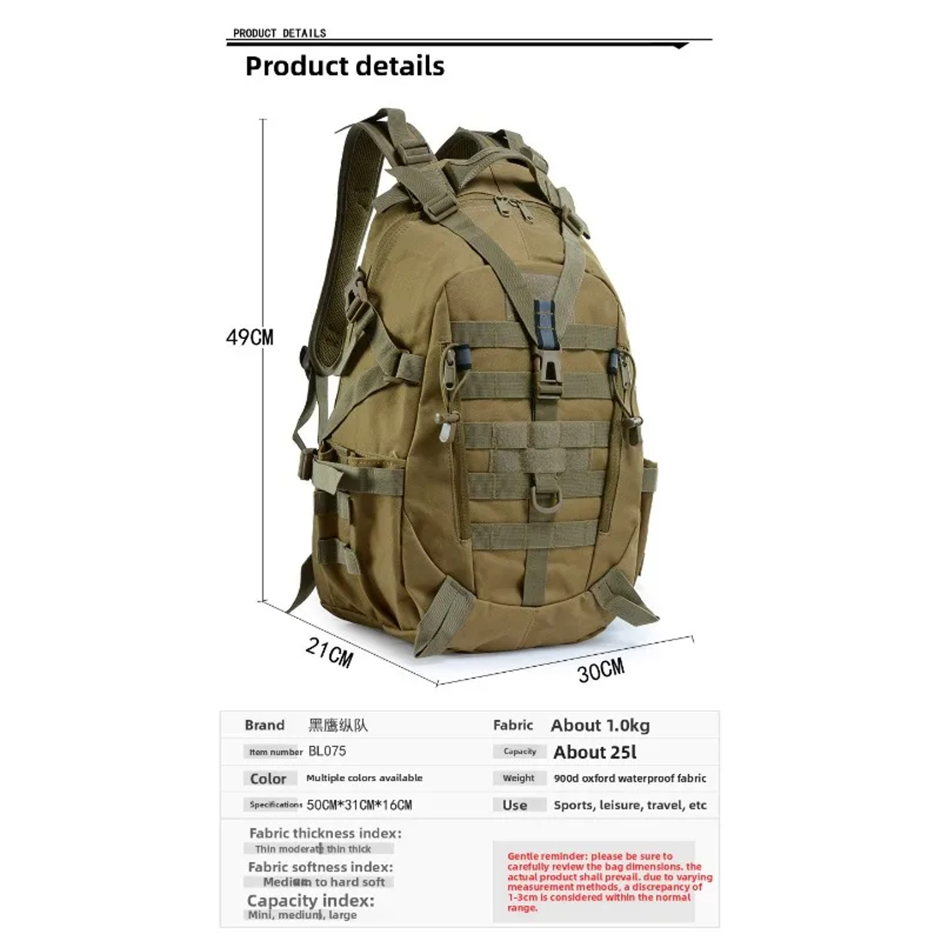 Multi Purpose Tactical Backpack Large Capacity Hiking Backpack For Travel Camping Trekking 5