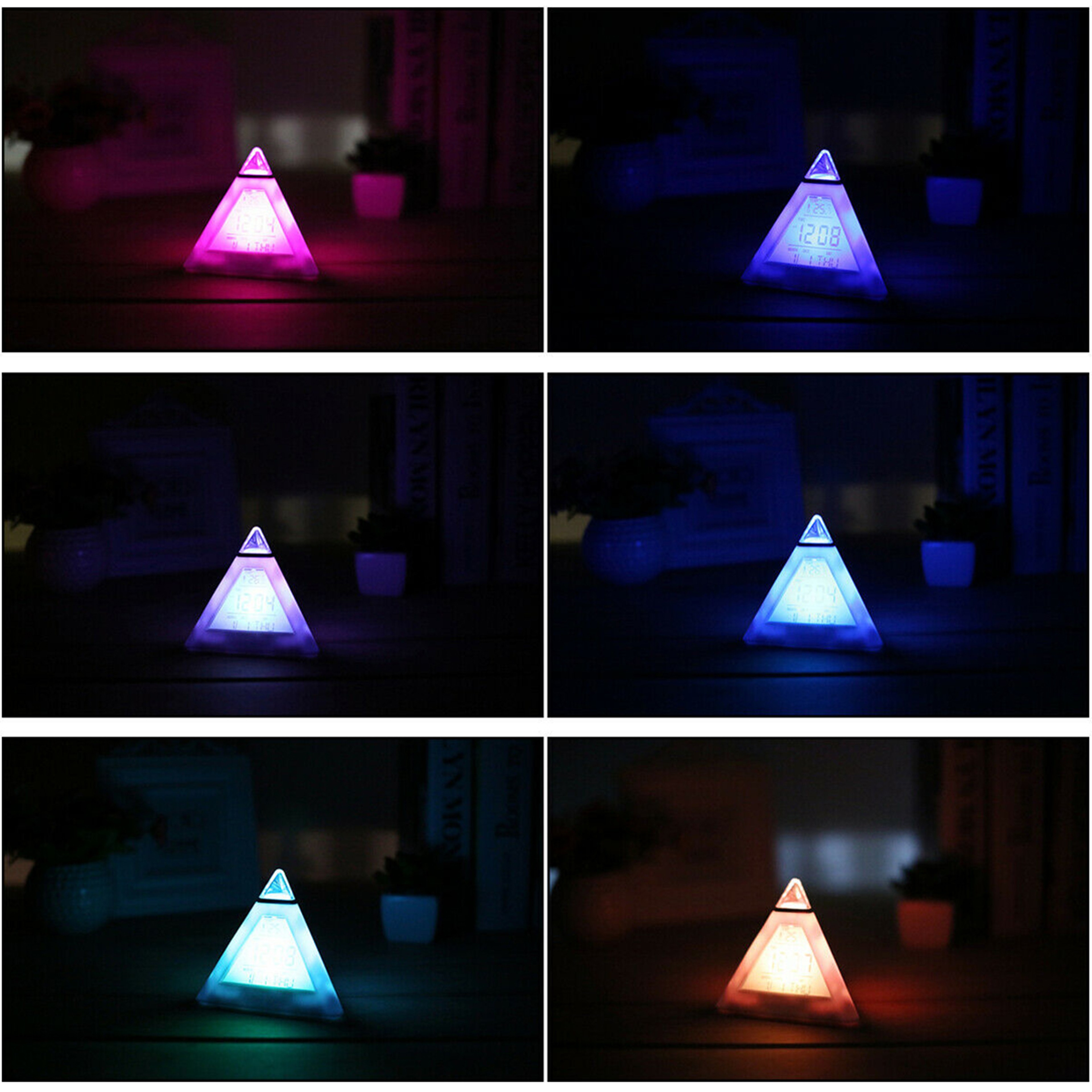 Color LED Digital Alarm Clock Pyramid Night Light Snooze Desk Clock 5