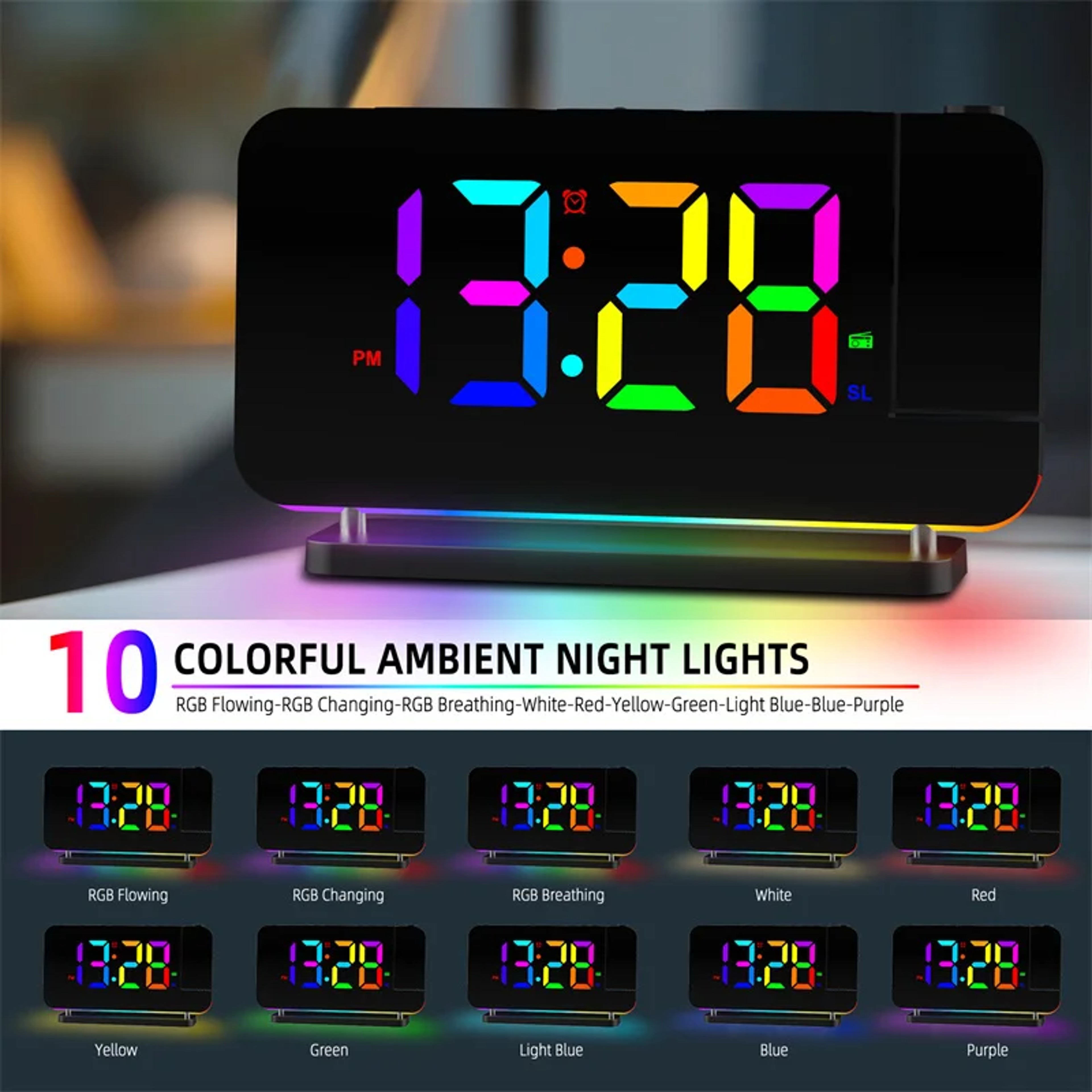 Projection Alarm Clock With FM Radio RGB Night Light Dual USB Charging Digital LED Clock 2