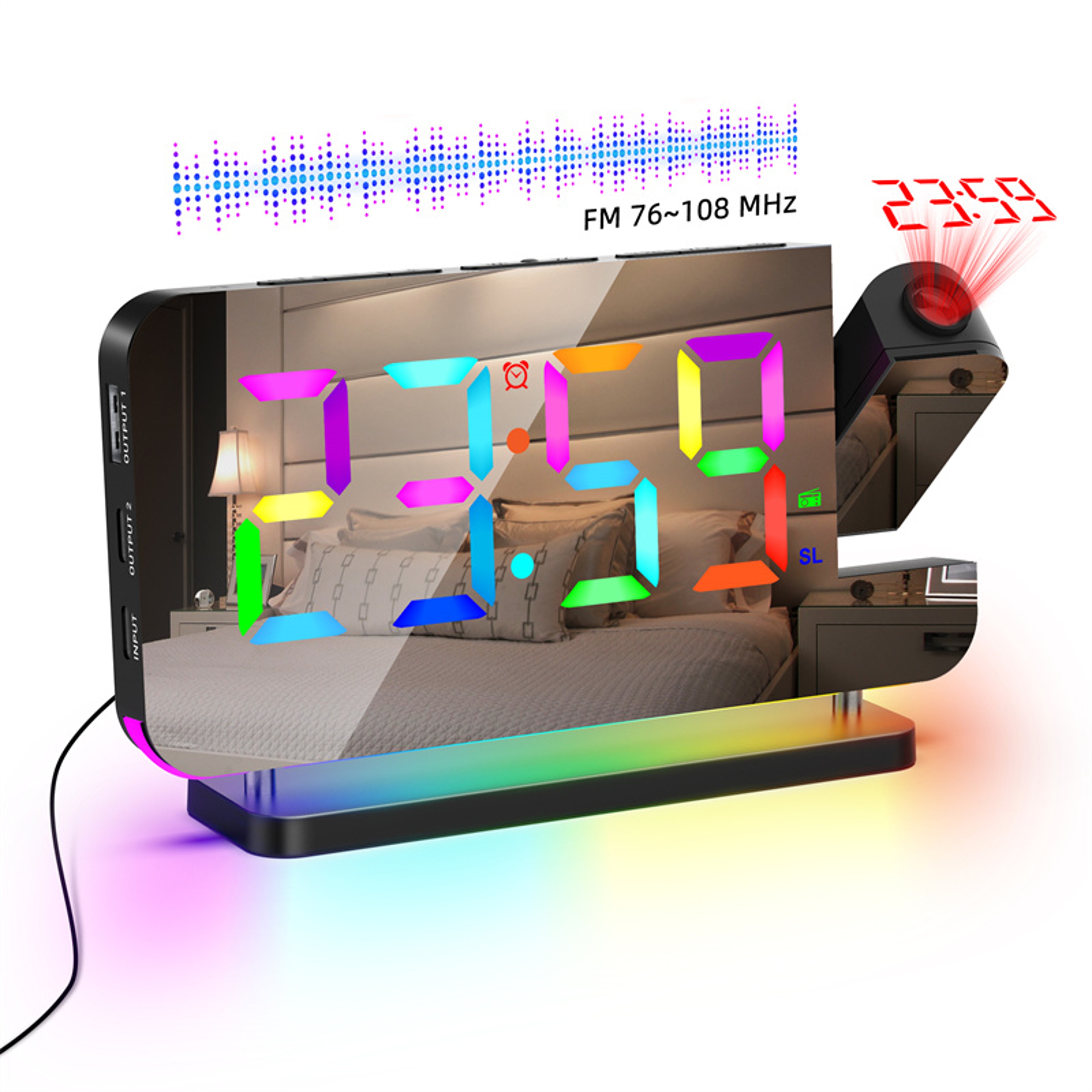 Projection Alarm Clock With FM Radio RGB Night Light Dual USB Charging Digital LED Clock 1