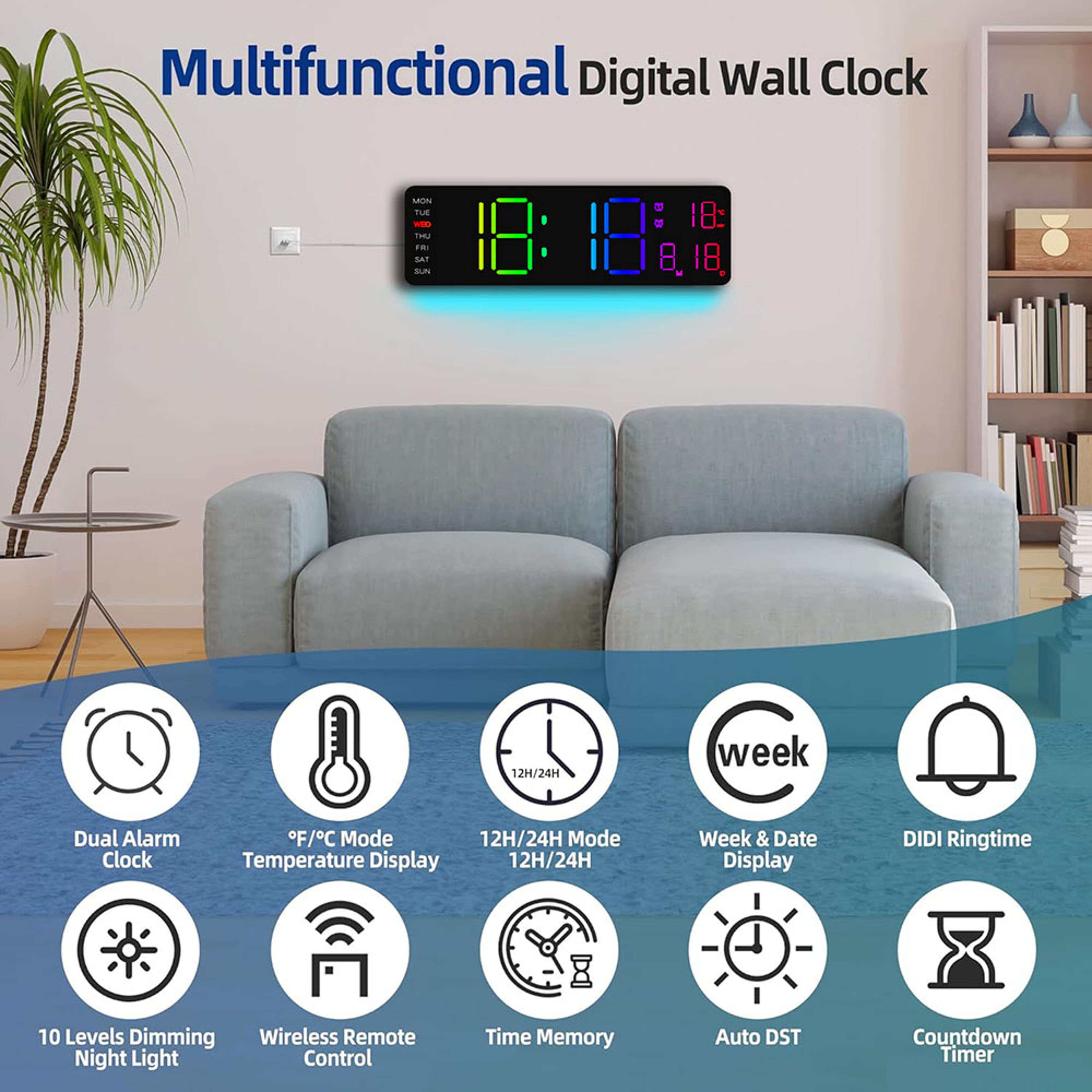 Digital LED Wall Clock With Remote Control Large Calendar Display RGB Night Light And Temperature M 1