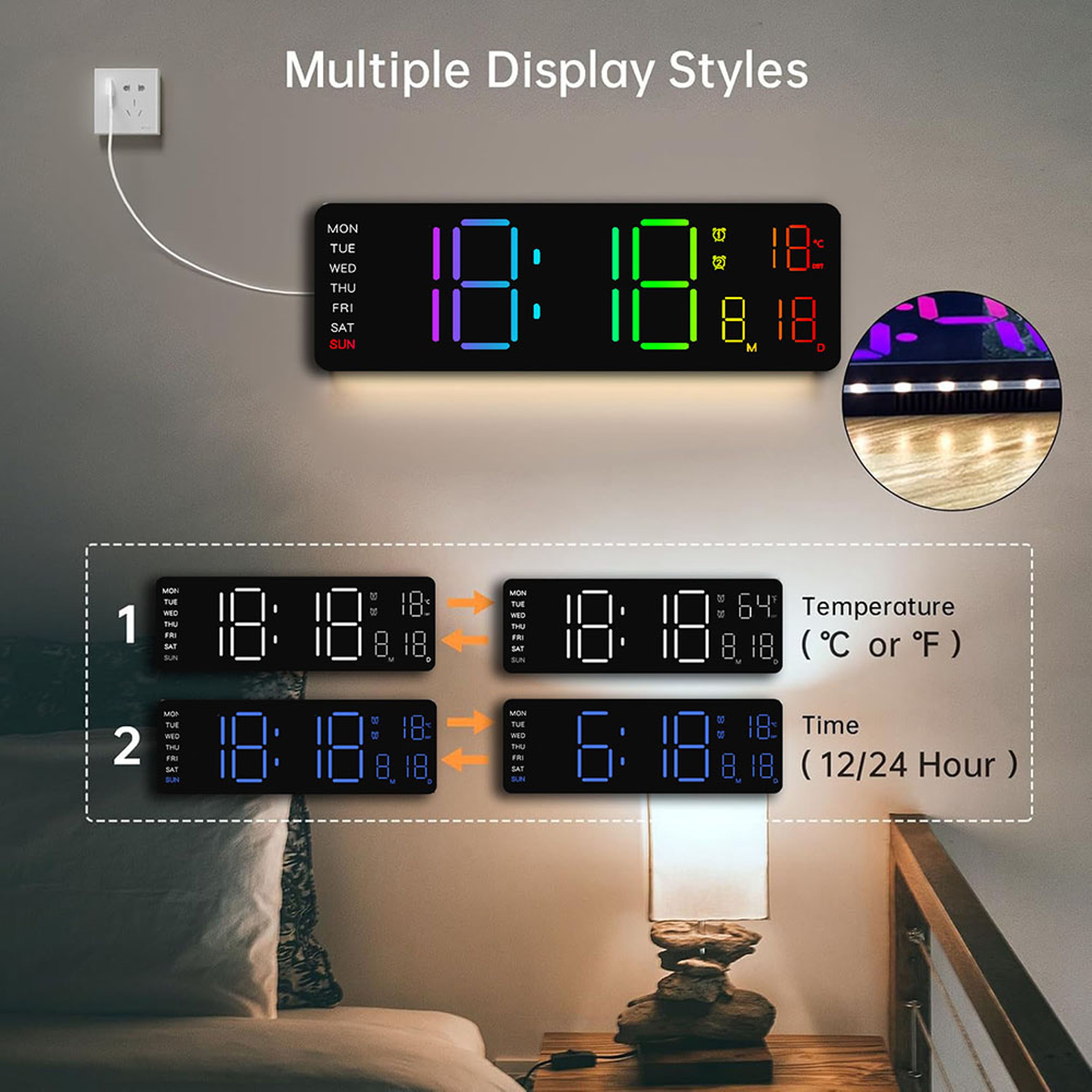 Digital LED Wall Clock With Remote Control Large Calendar Display RGB Night Light And Temperature M 3