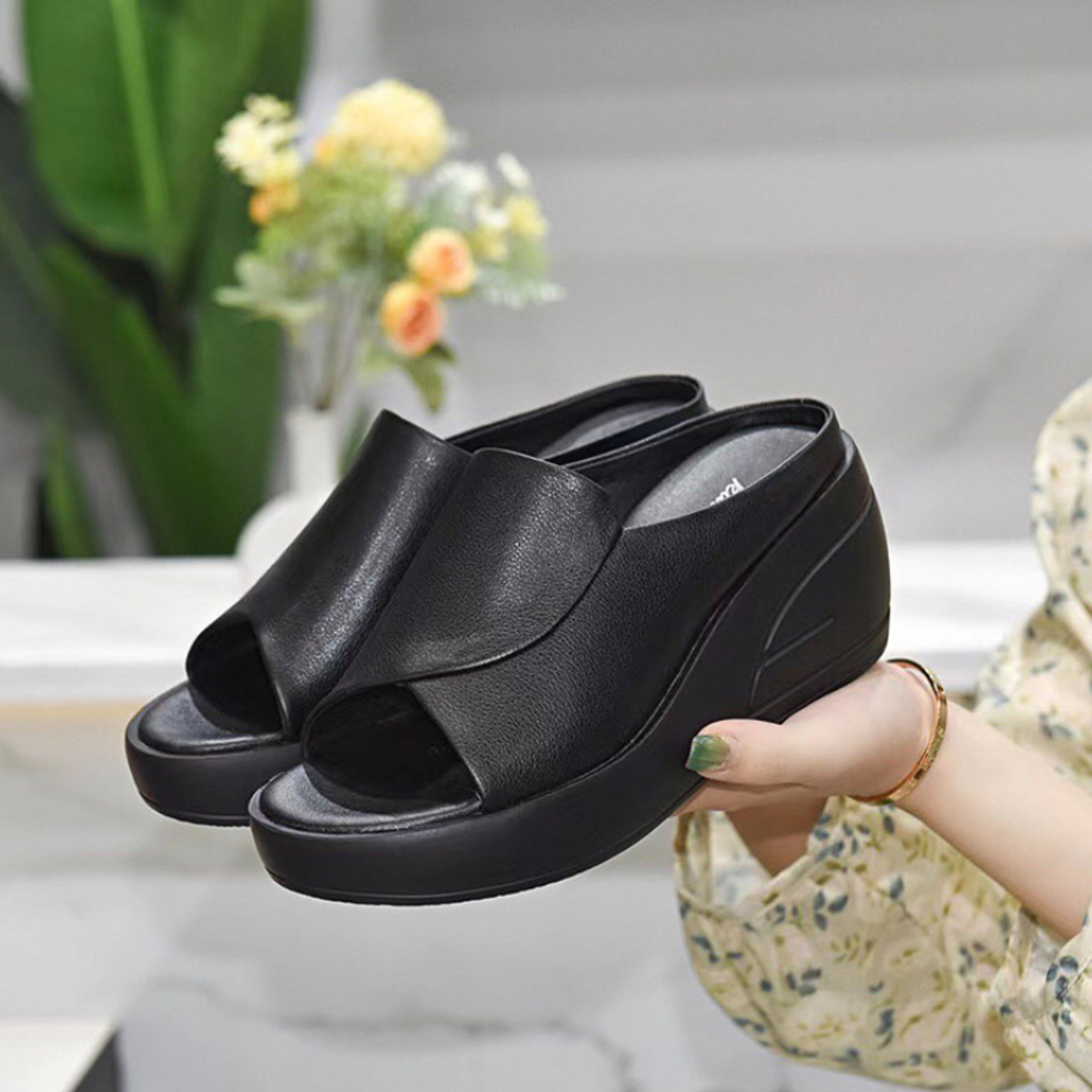 Black Wedge Platform Sandals Open Toe Orthopedic Thick Sole Beach Slides 3