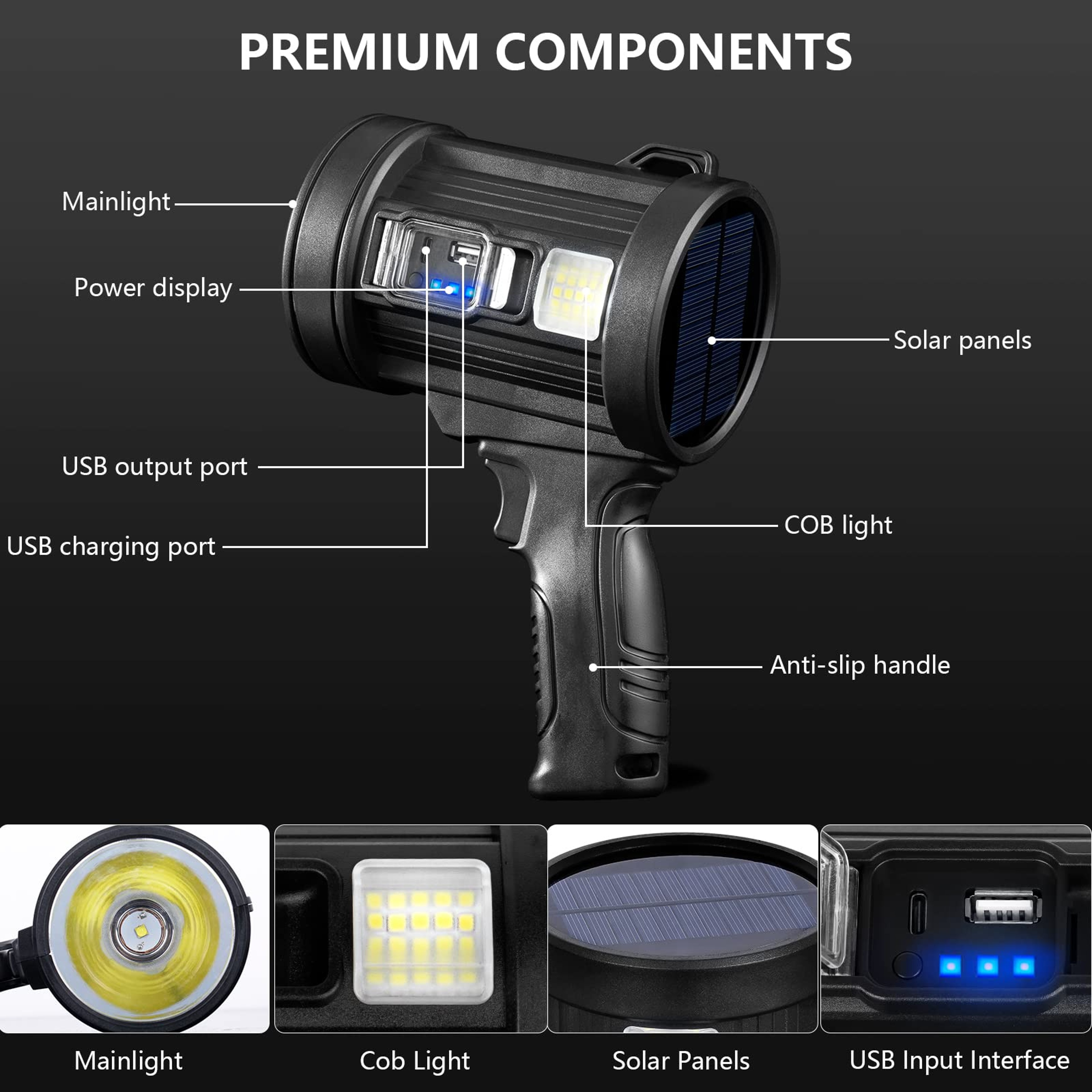 Solar Powered Rechargeable Spotlight COB Hunting Flashlight 4