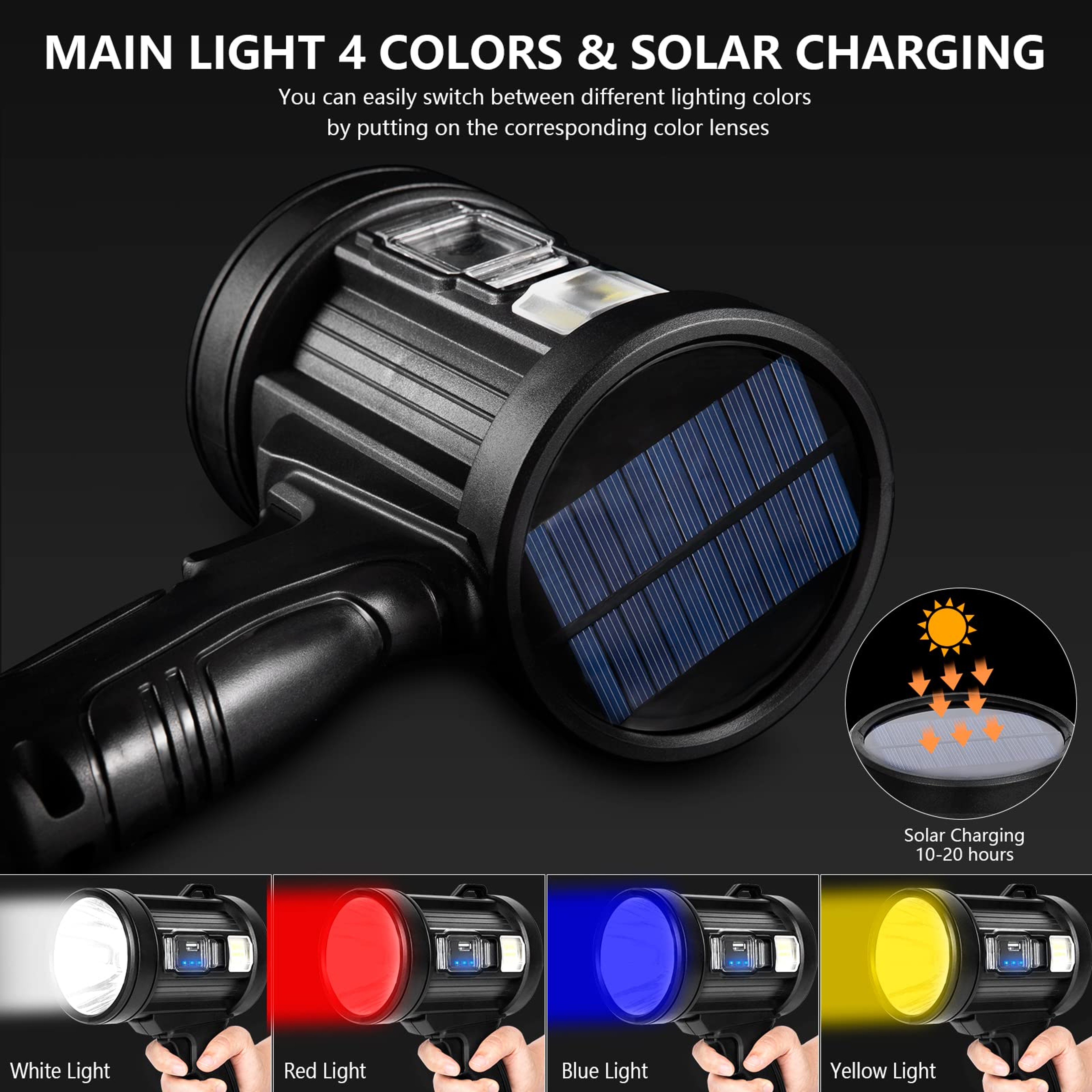 Solar Powered Rechargeable Spotlight COB Hunting Flashlight 6
