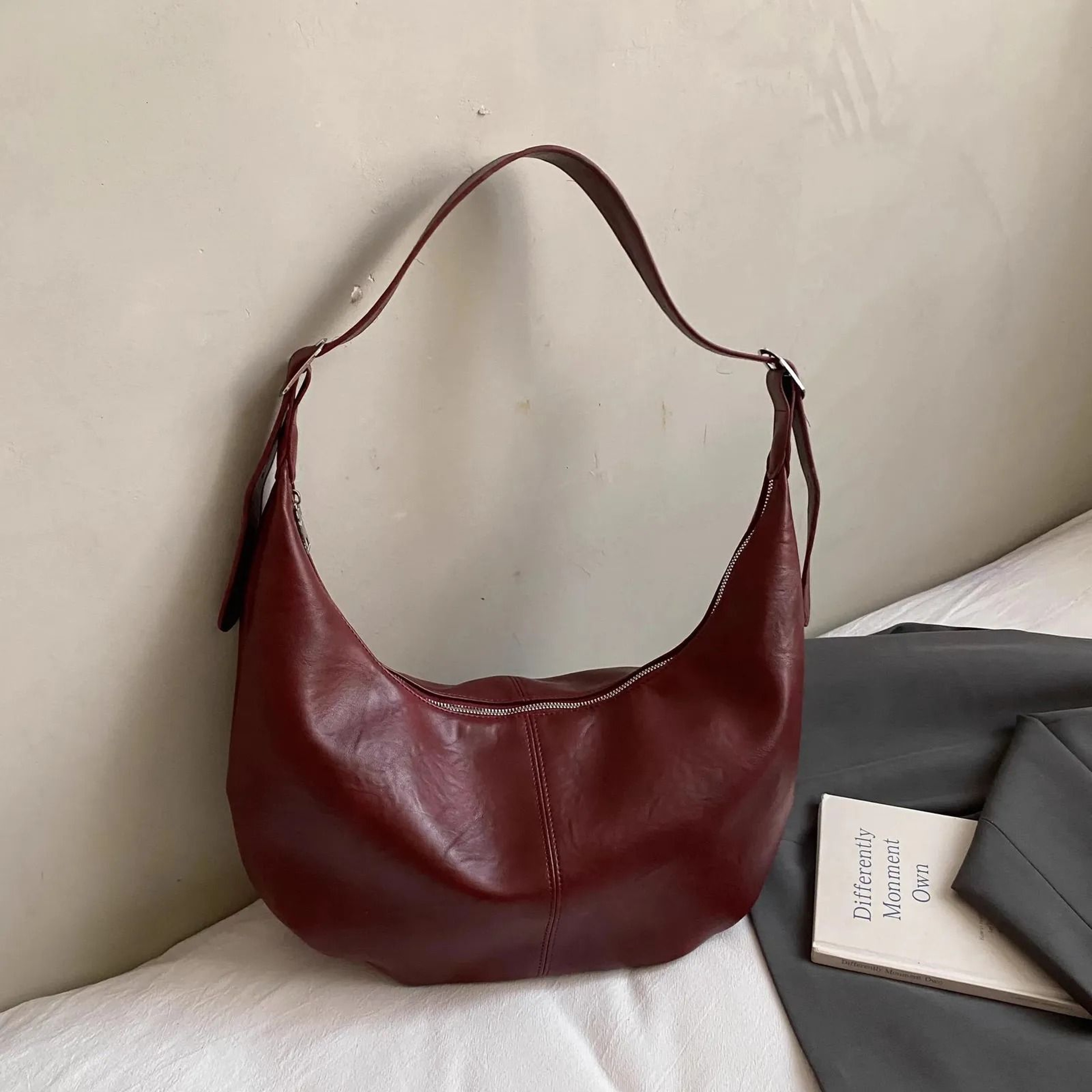Vintage PU Leather Half Moon Shoulder Bag For Women 0