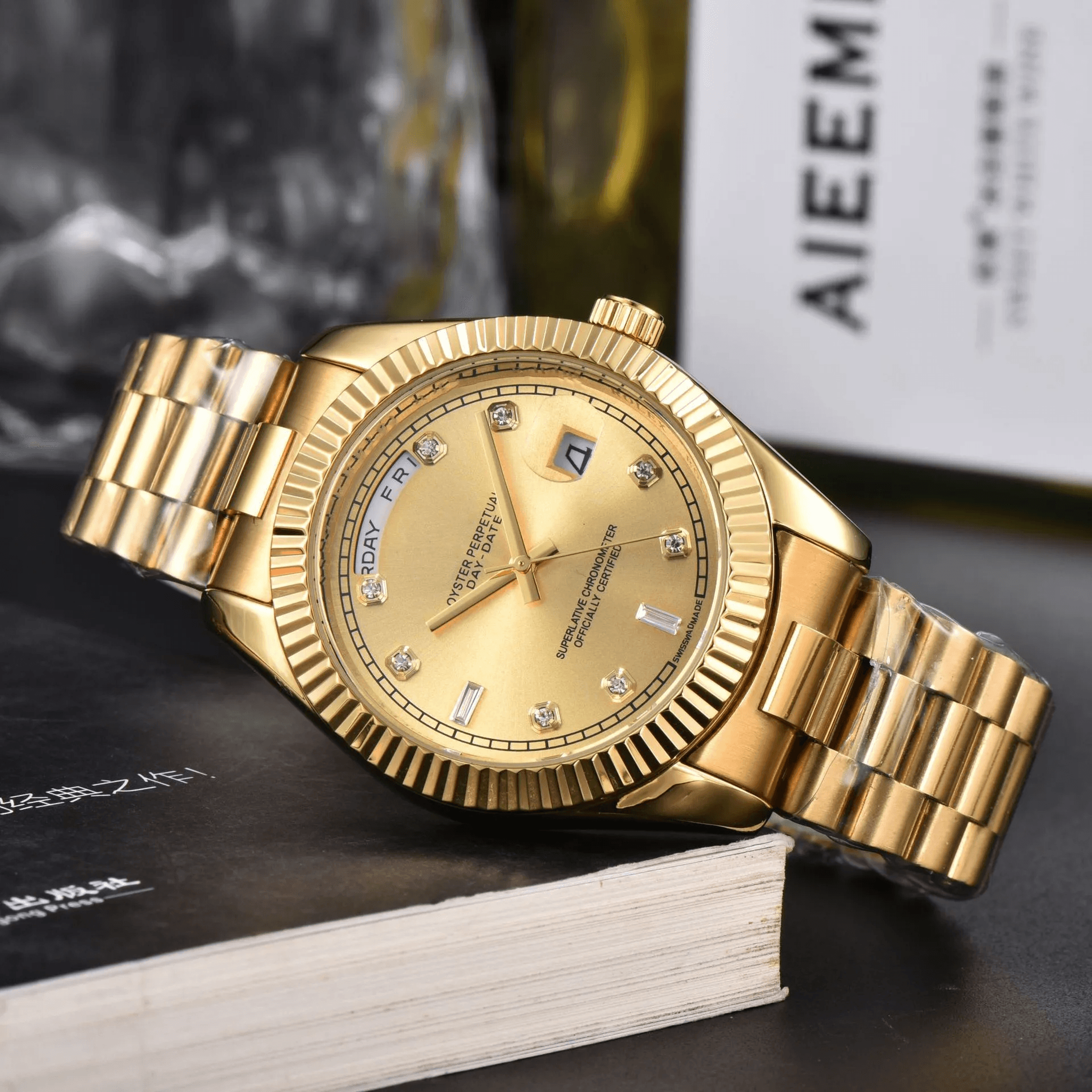 Luxury Mens Quartz Watch Waterproof Stainless Steel Diamond Dial Wristwatch 6