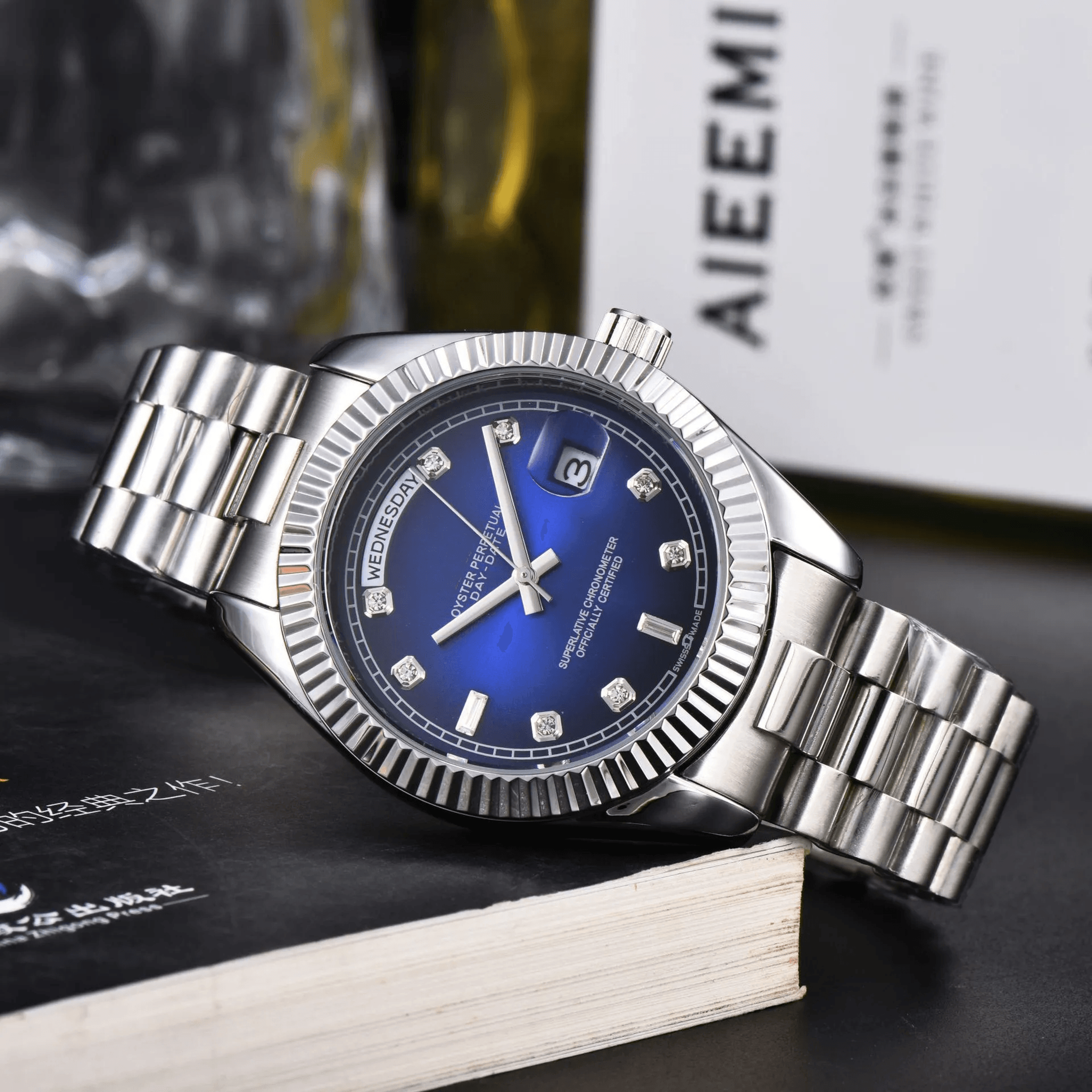 Luxury Mens Quartz Watch Waterproof Stainless Steel Diamond Dial Wristwatch 4