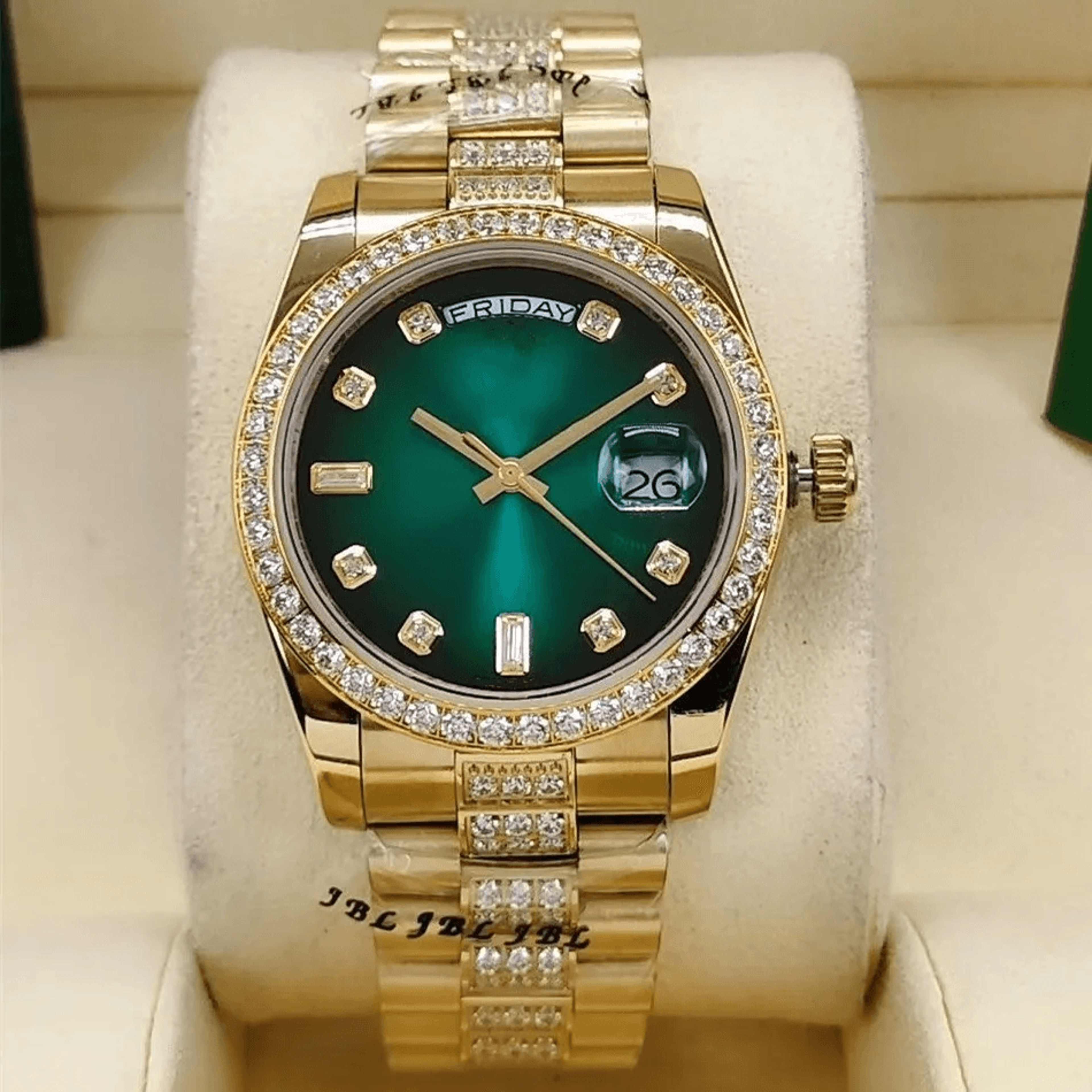 Gold Mens Automatic Watch Green Dial Day Date Diamond Style Stainless Steel 3