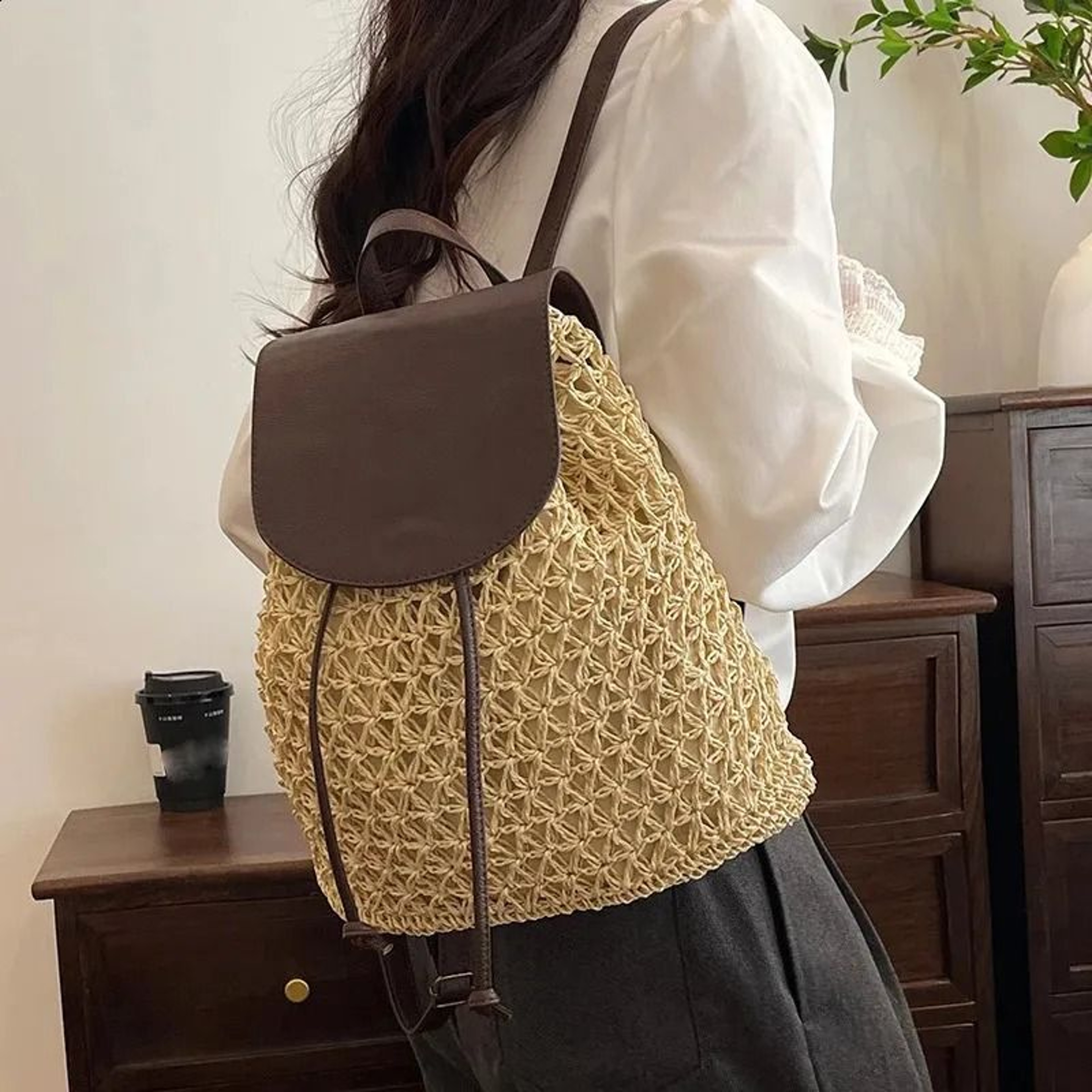 Boho Straw Backpack Woven Beach Bag Summer Crochet Backpack For Women 4