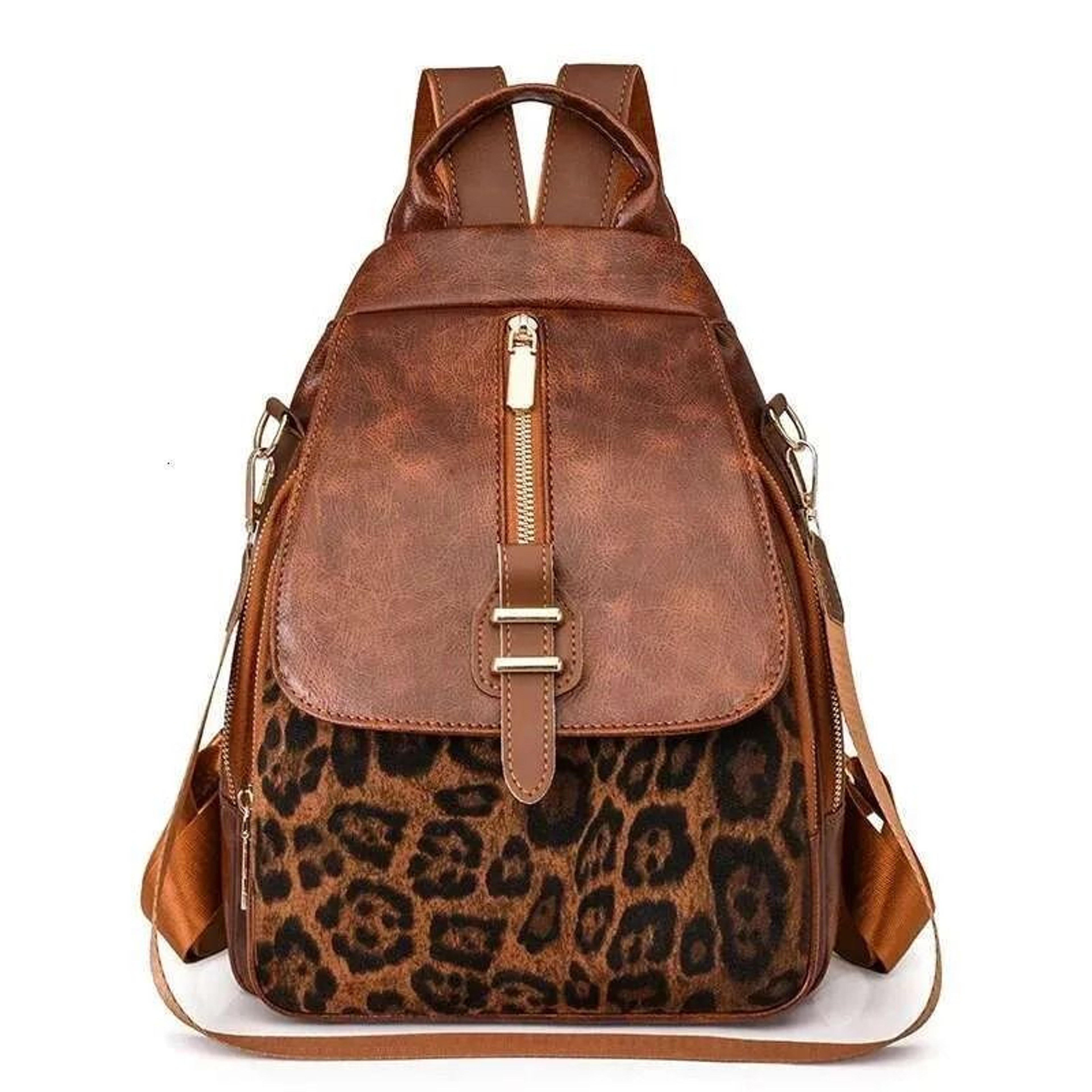 Leopard PU Leather Backpack For Women Retro Zip School Bag 1