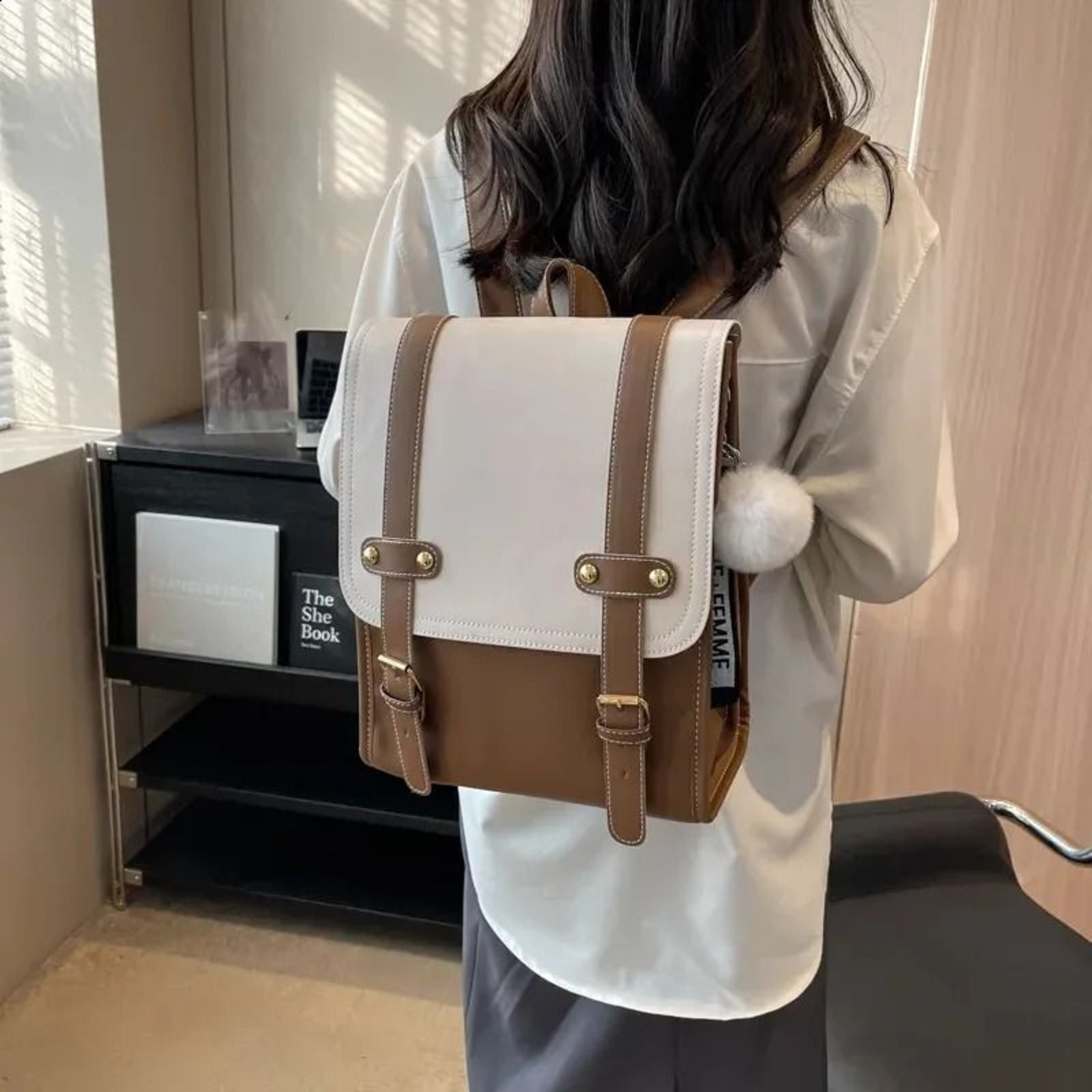 Uniform Style PU Leather School Backpack For Women College Laptop Bag 4