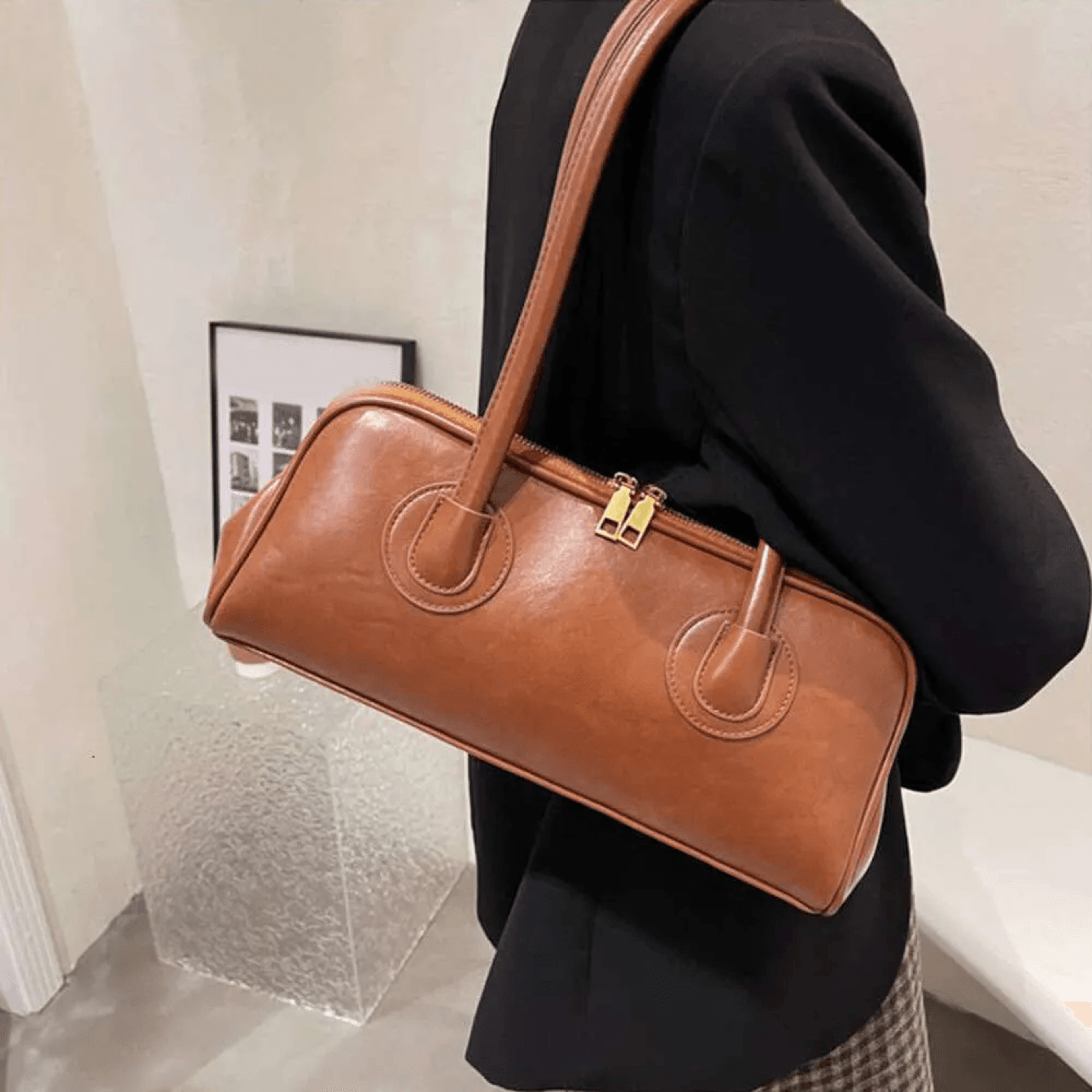 Boston Pillow Tote Women Leather Retro Bowling Bag Large Capacity Crossbody Handbag 4