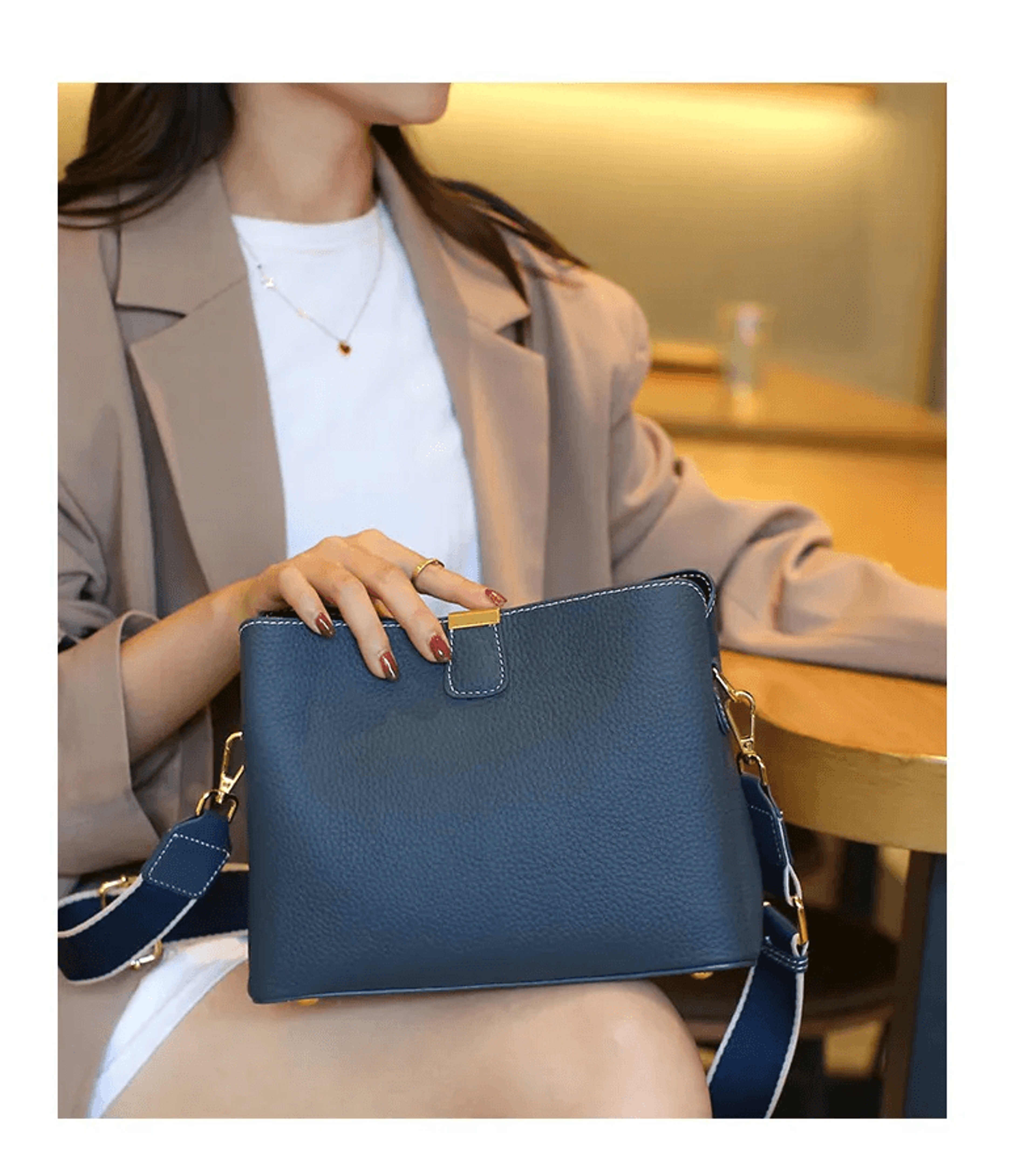 Genuine Leather Bucket Handbag With Dual Straps Gold Lock Shoulder Crossbody Bag 4