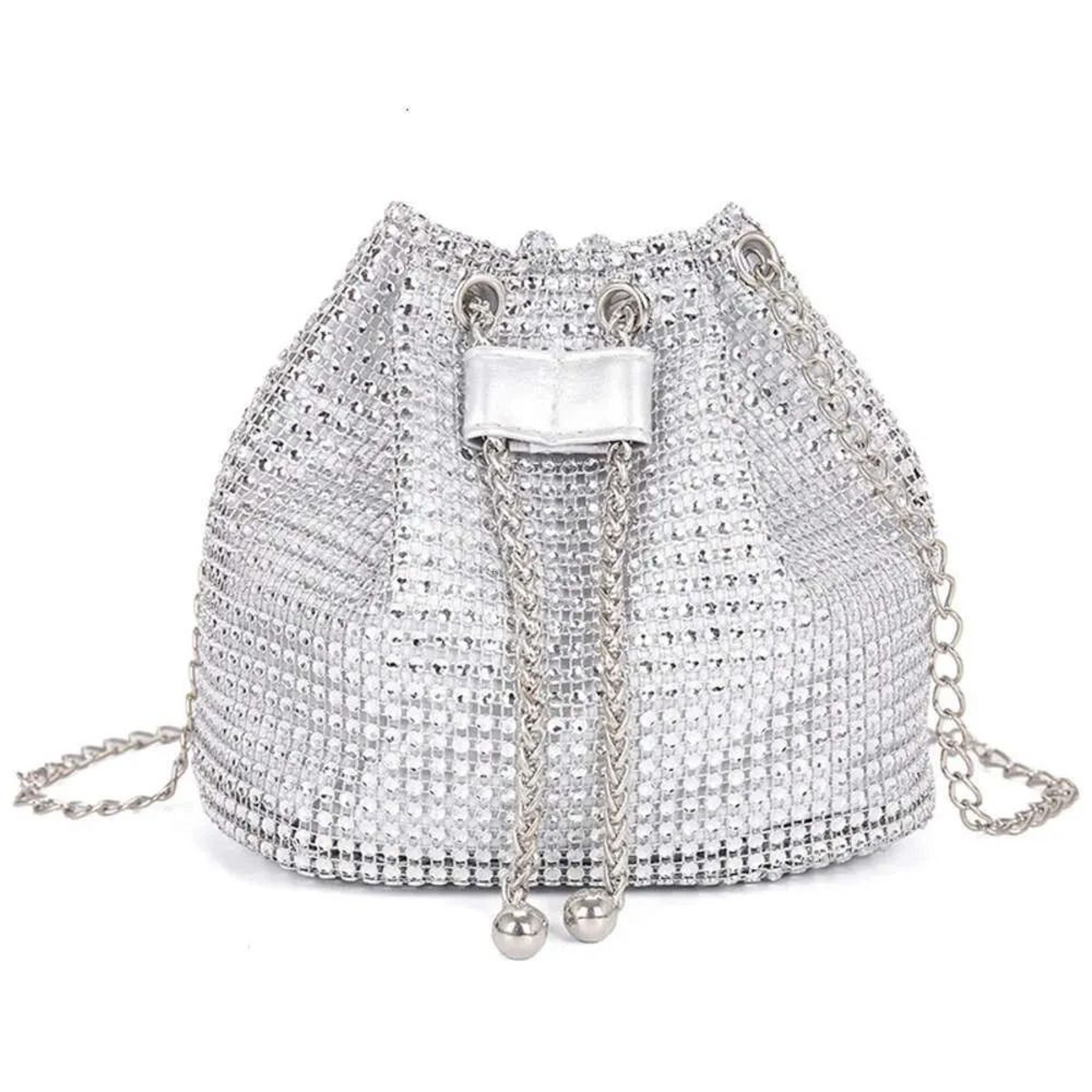 Shiny Rhinestone Pearl Chain Evening Bucket Bag 3