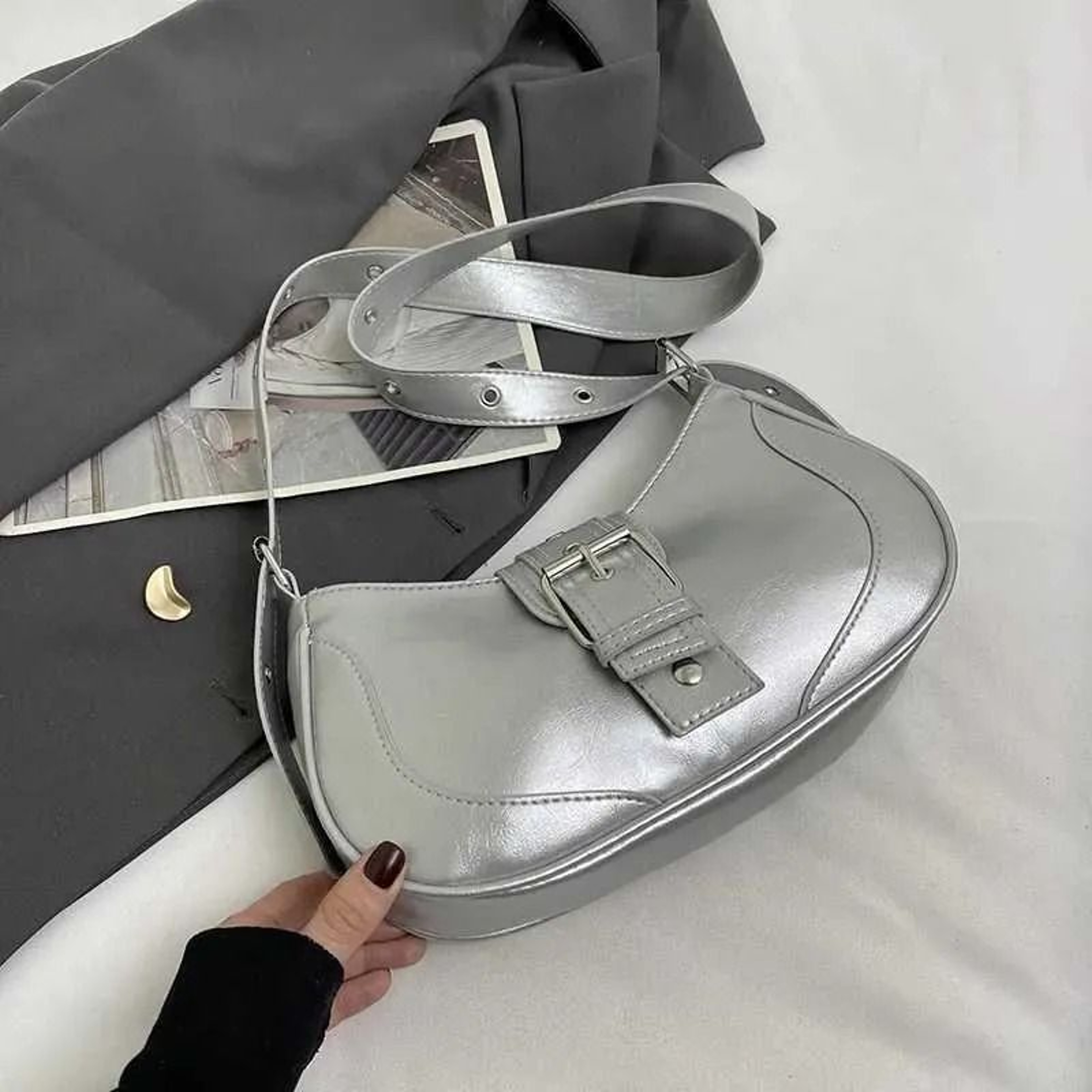 Women Black PU Shoulder Bag Stylish Arm Bag Wallet Handbag 2