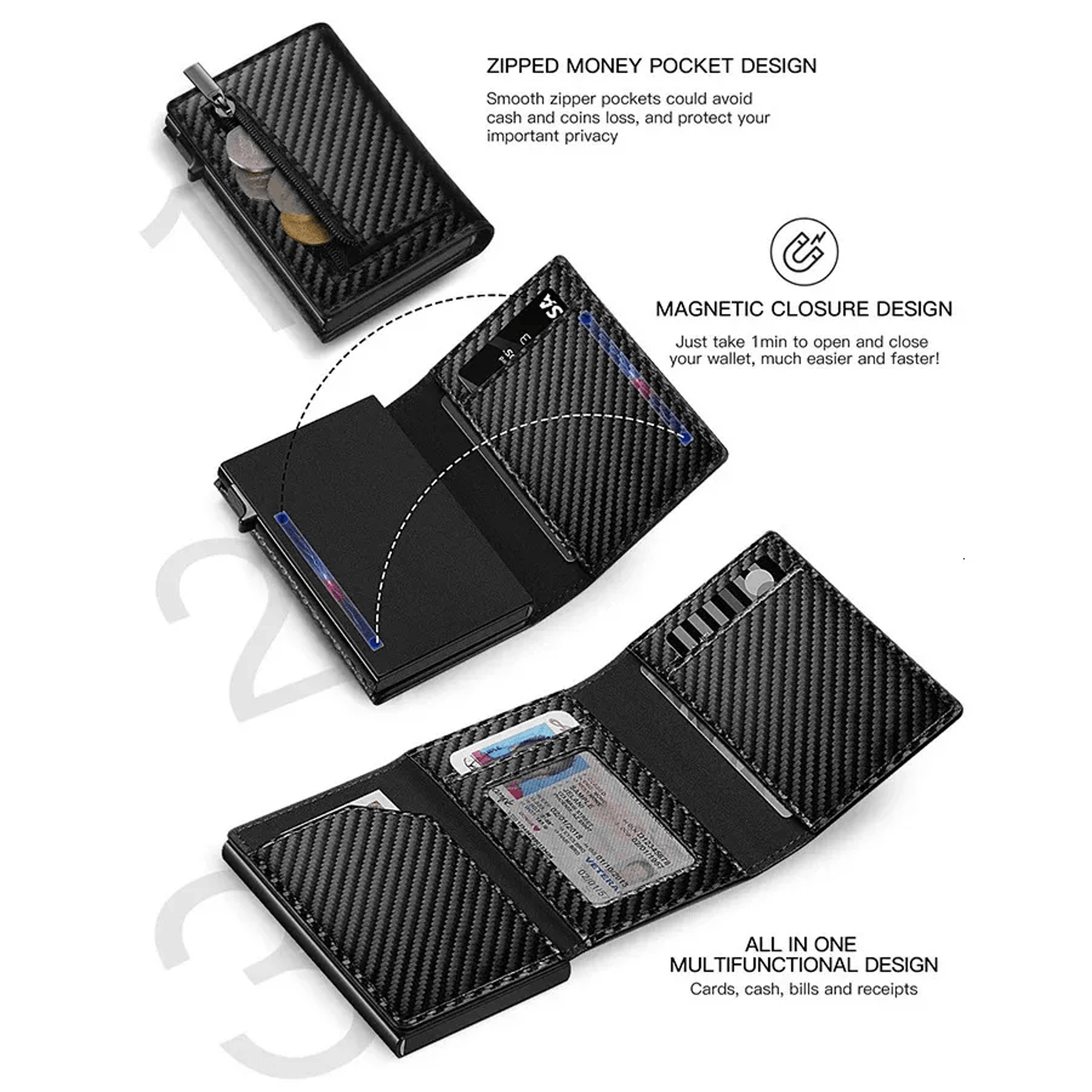 Mens Carbon Fiber RFID Pop Up AirTag Wallet With Magnetic Card Clip And Zipper 3