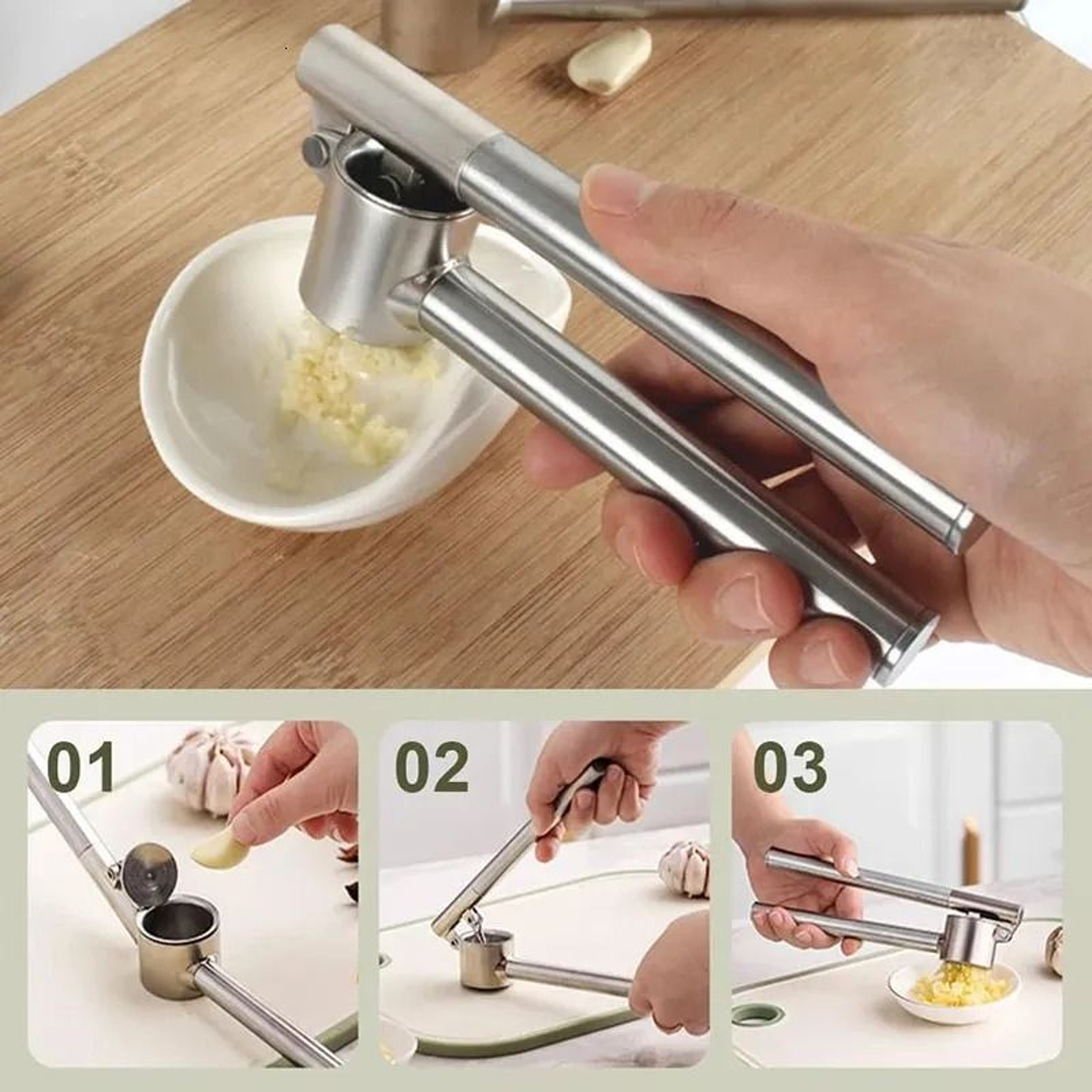 Stainless Steel Garlic Press Set With Peeler And Cleaning Brush 1