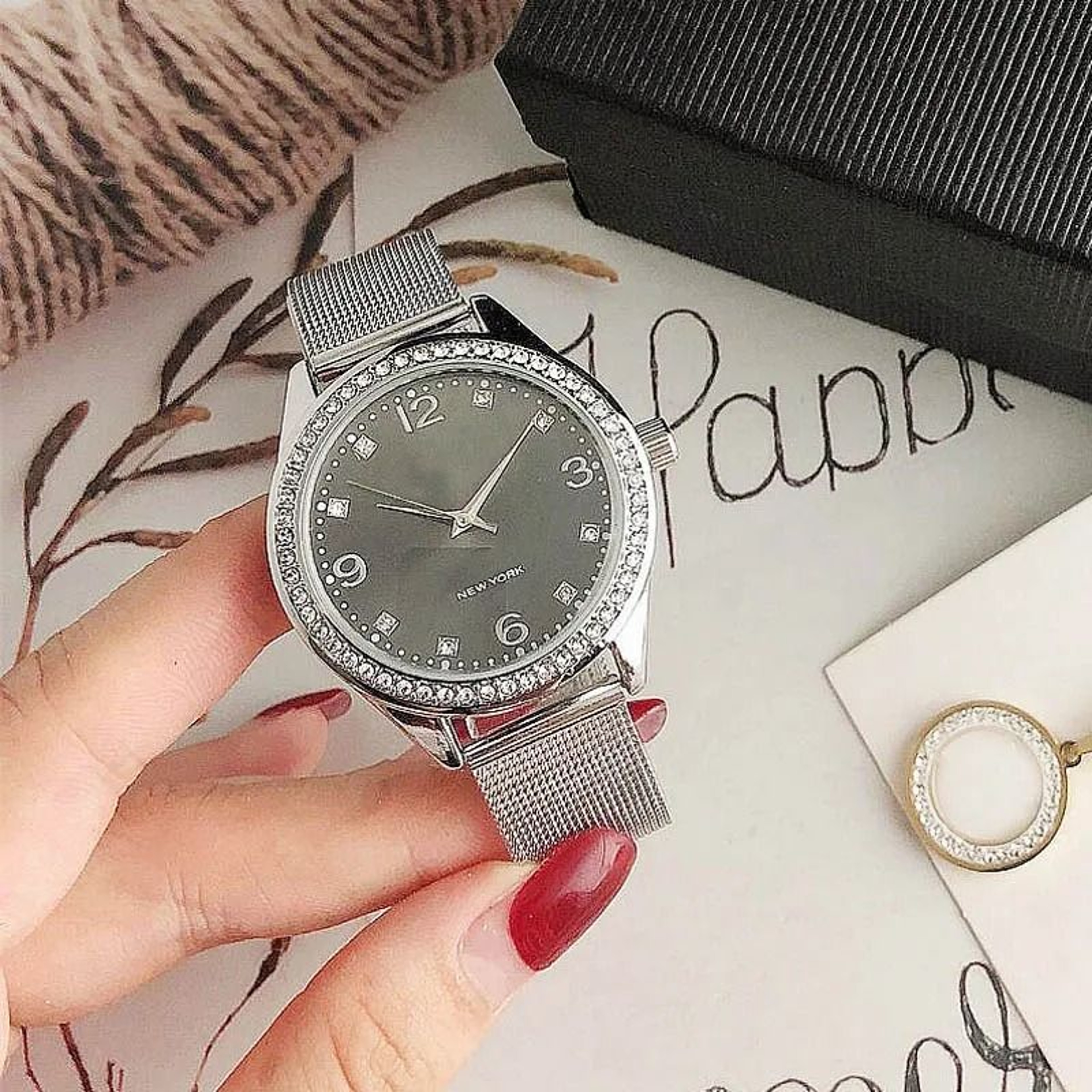 Women Crystal Accent Quartz Watch Stainless Steel Band Elegant Analog Wristwatch 3