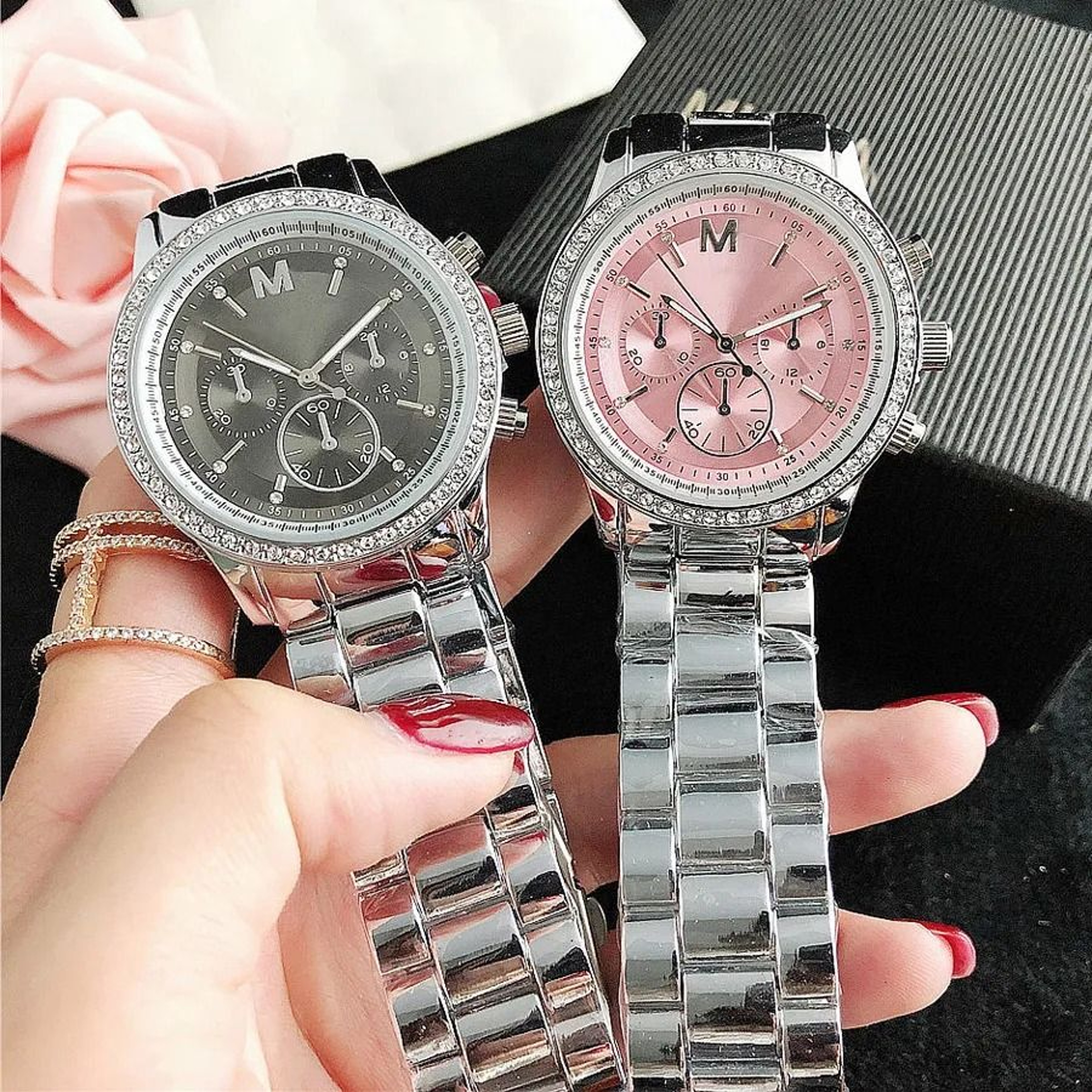 Diamond Crystal Women Quartz Watch With 3 Dial Steel Band 5