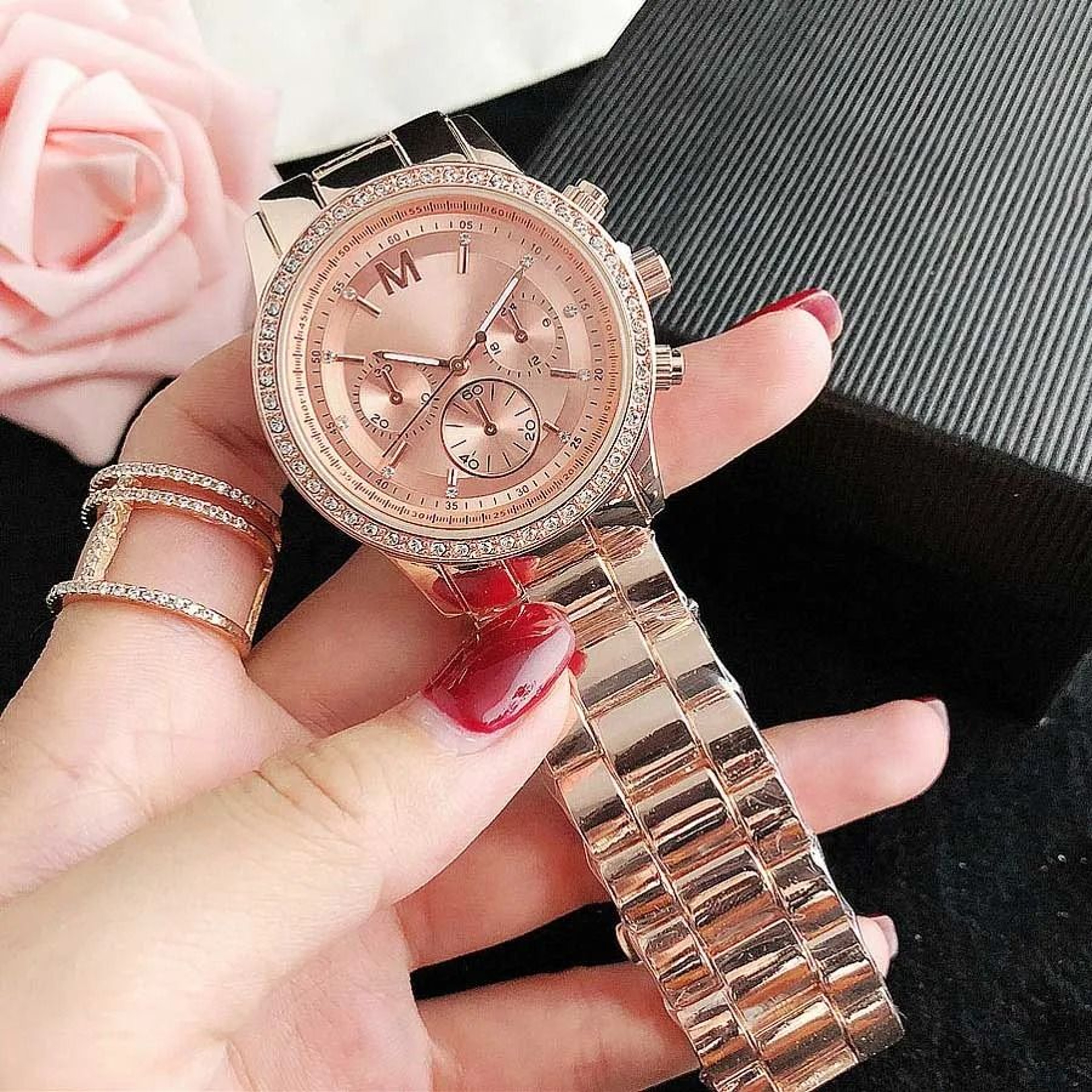 Diamond Crystal Women Quartz Watch With 3 Dial Steel Band 0